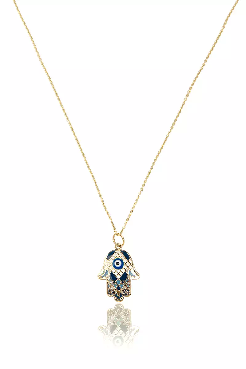 14k Gold Treville Hamsa Pendant Necklace in Blue