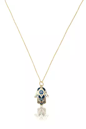 14k Gold Treville Hamsa Pendant Necklace in Blue