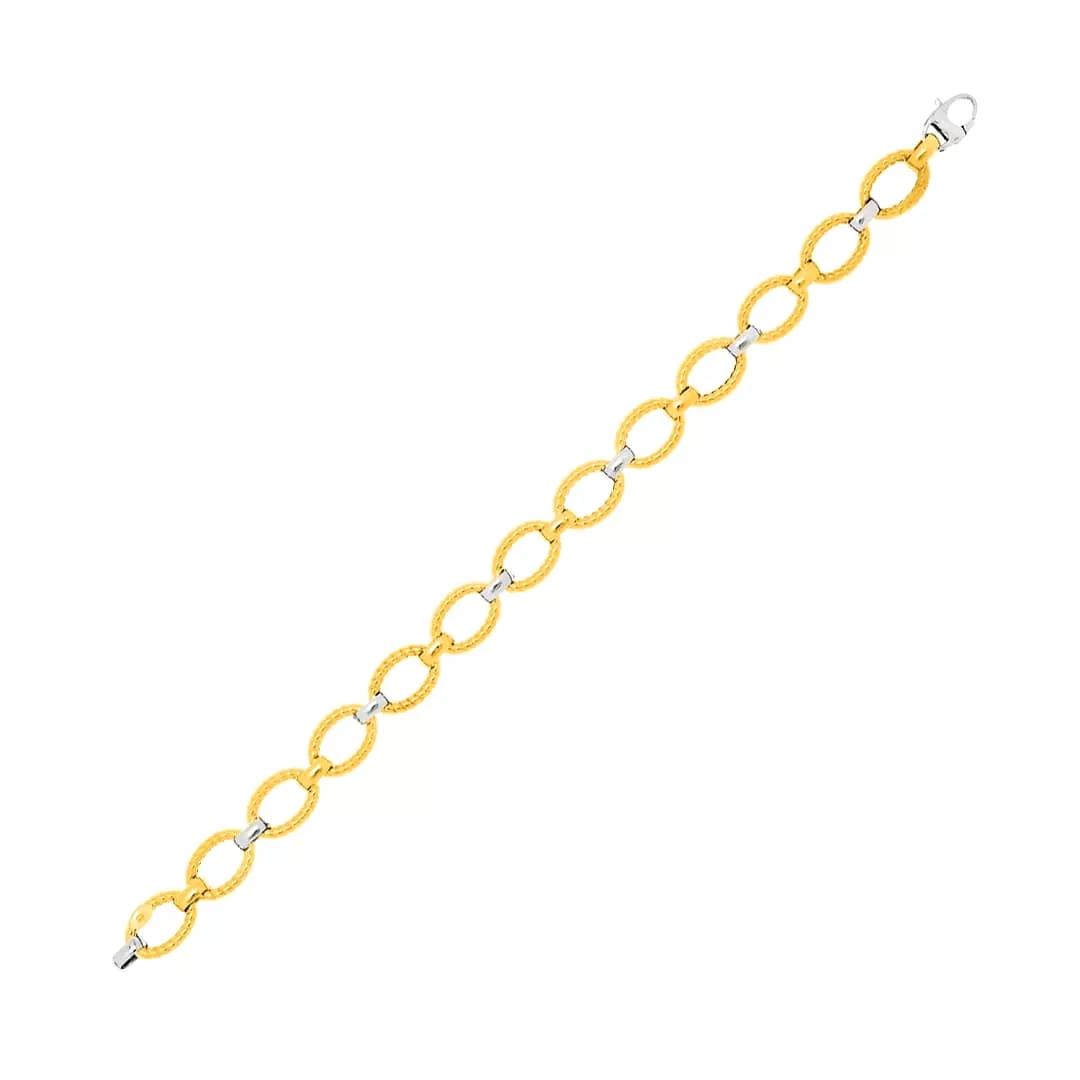 14k Two-Tone Gold Chain Bracelet with Textured Oval Links