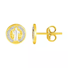 14k Two Tone Gold Round Religious Medal Post Earrings