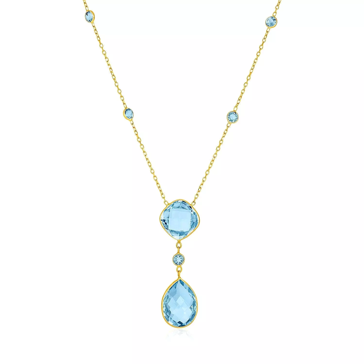 14k Yellow Gold Necklace with Pear-Shaped and Cushion Blue Topaz Briolettes