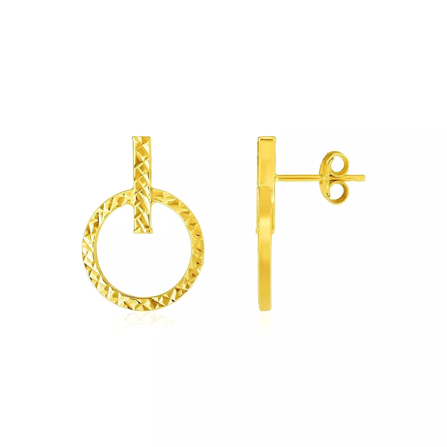 14k Yellow Gold Textured Circle and Bar Post Earrings