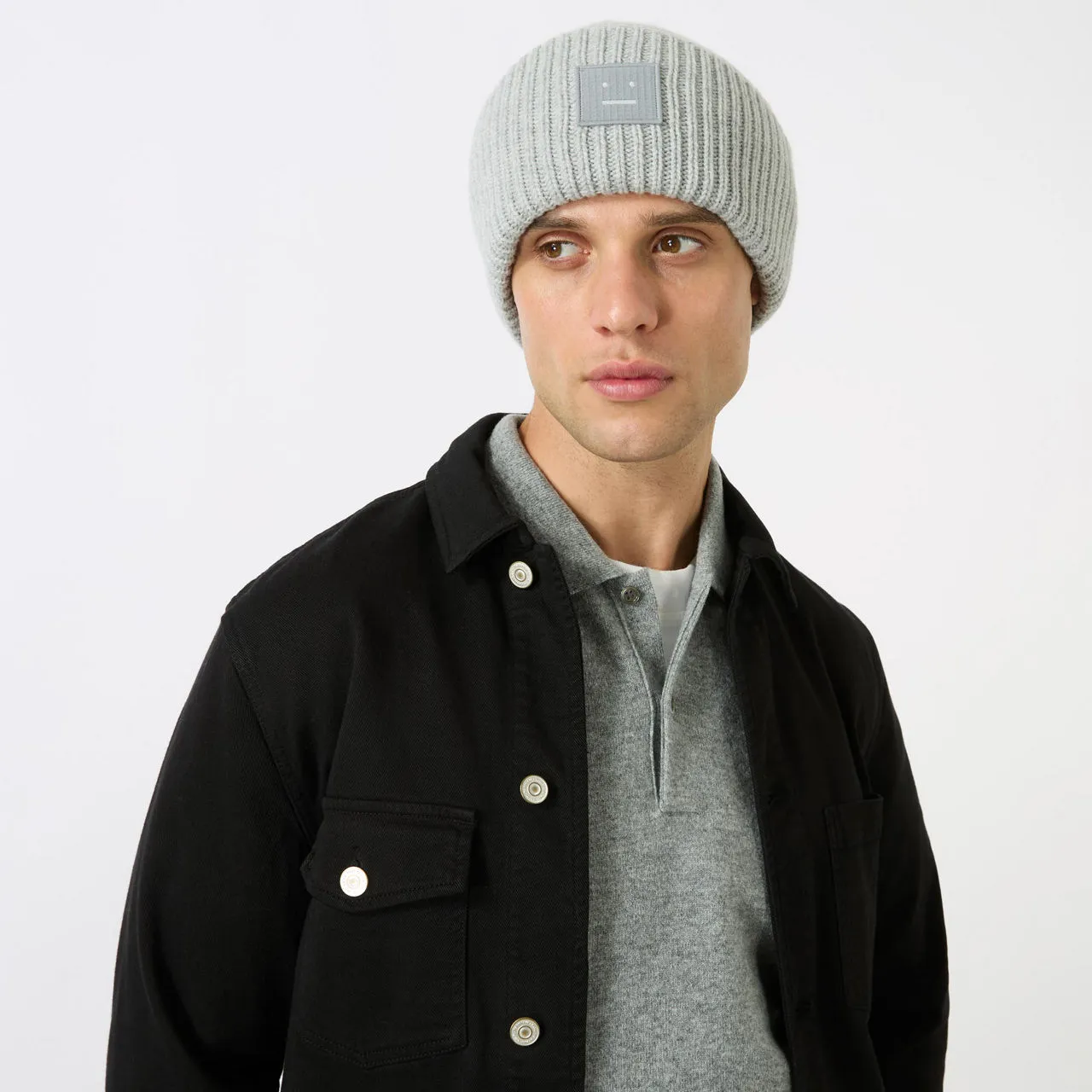 ACNE STUDIOS The Sustainable Edit Face Logo Beanie Hat - Light Grey