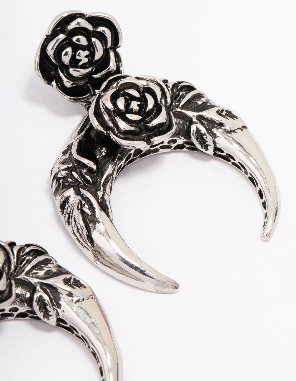 Antique Silver Crescent Rose Drop Earrings