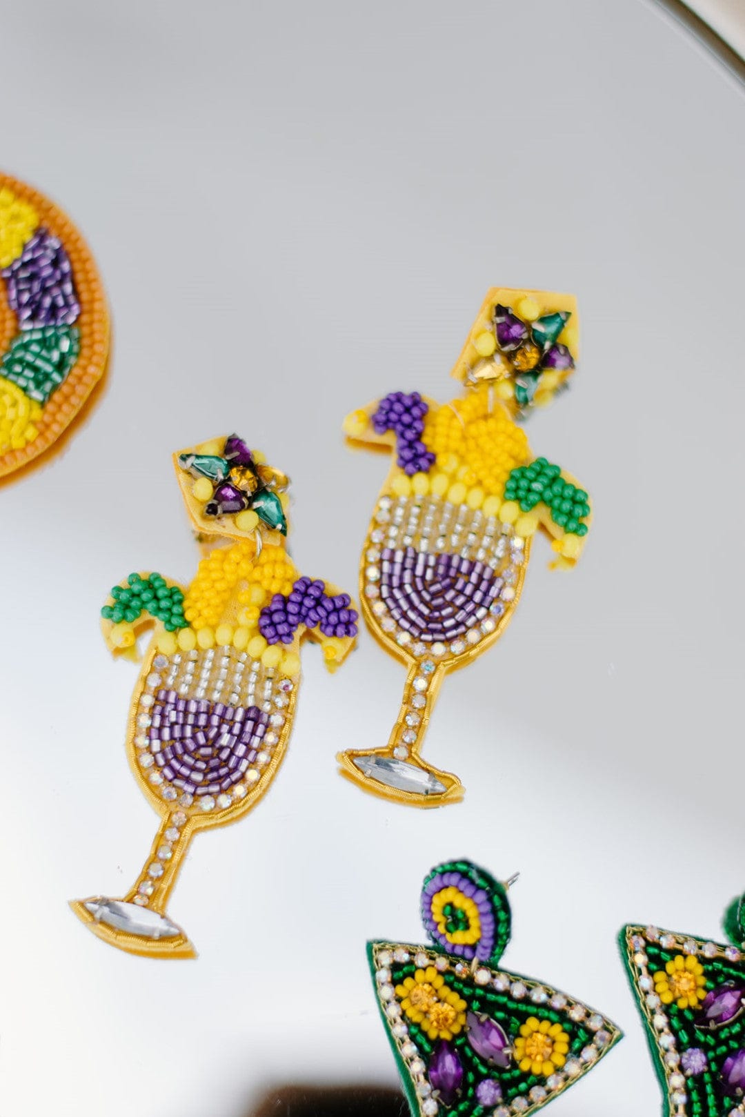 Beaded Mardi Gras Wine Glass Earrings