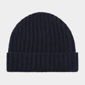 BOGGI MILANO Ribbed Cashmere Beanie Hat - Navy Blue