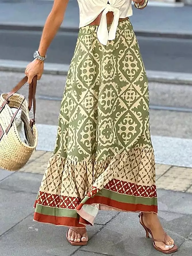 Bohemian 3-Piece Women's Summer Set with Long Skirt, Blouse, and Gold Bracelets