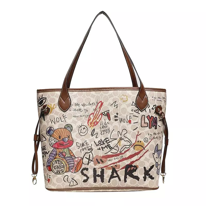 Cartoon bear soft leather graffiti printing tote bag