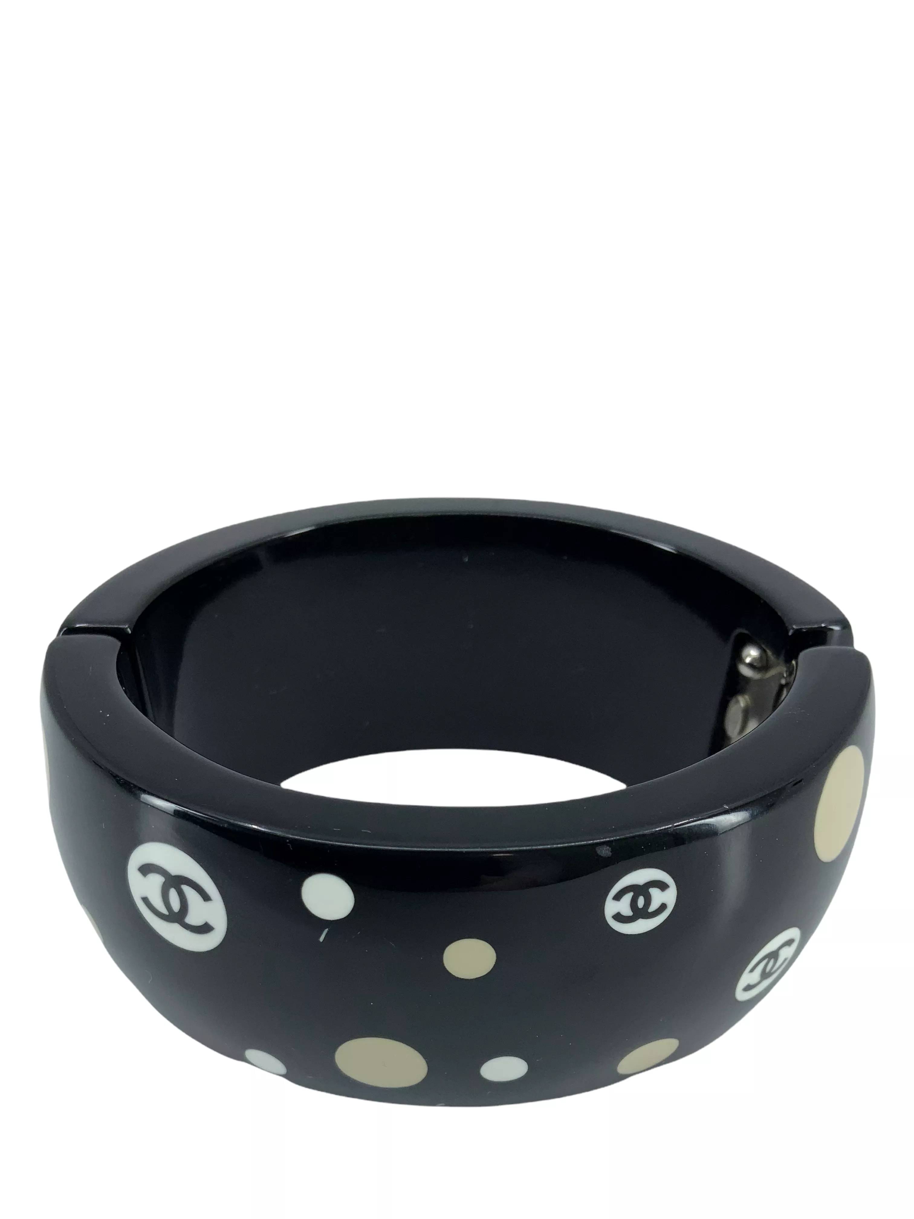 Chanel Resin CC Logo Polka Dot Wide Bangle Bracelet