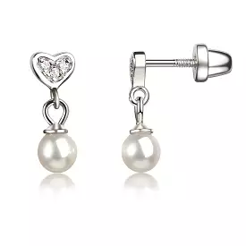 Cherished Moments - Sterling Silver Crystal Heart with Dangling Pearl Earring