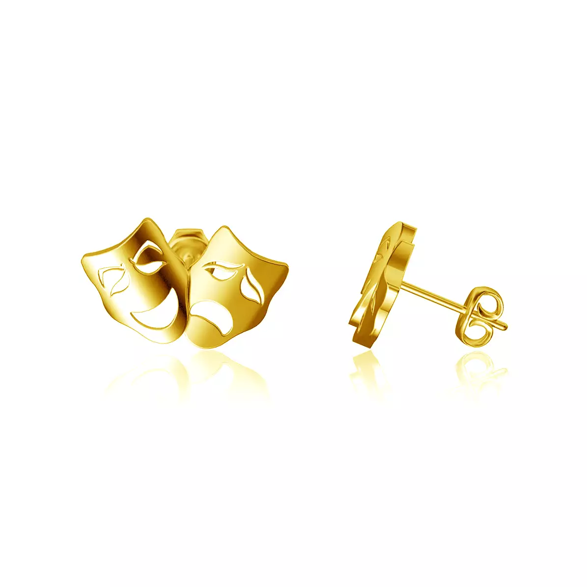 Comedy and Tragedy Mask Post Earrings - Gold Plated