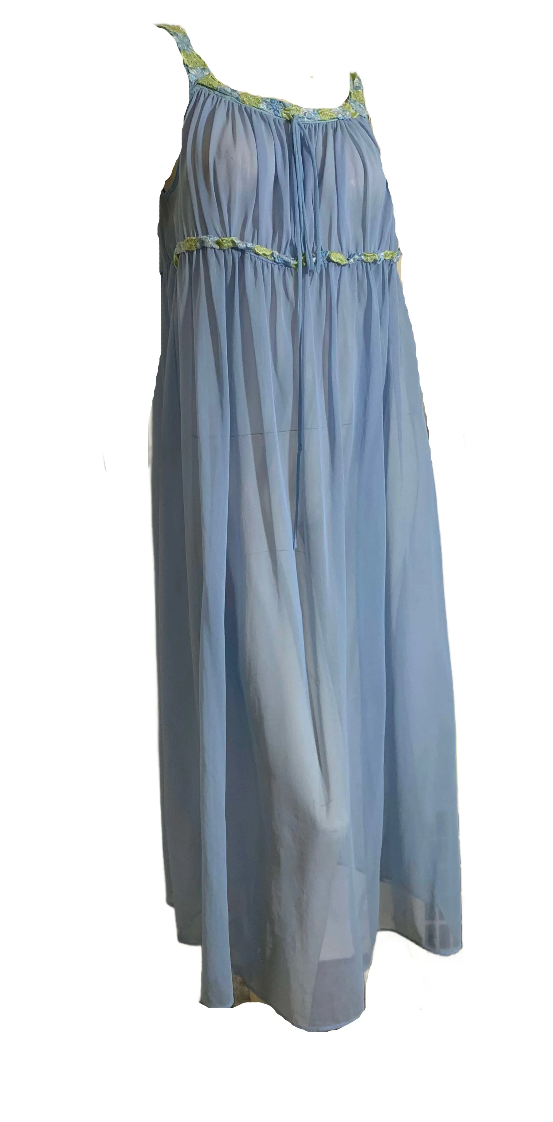 Cornflower Blue Embroidered Floral Ribbon Trimmed Sheer Nylon Nightgown circa 1960s