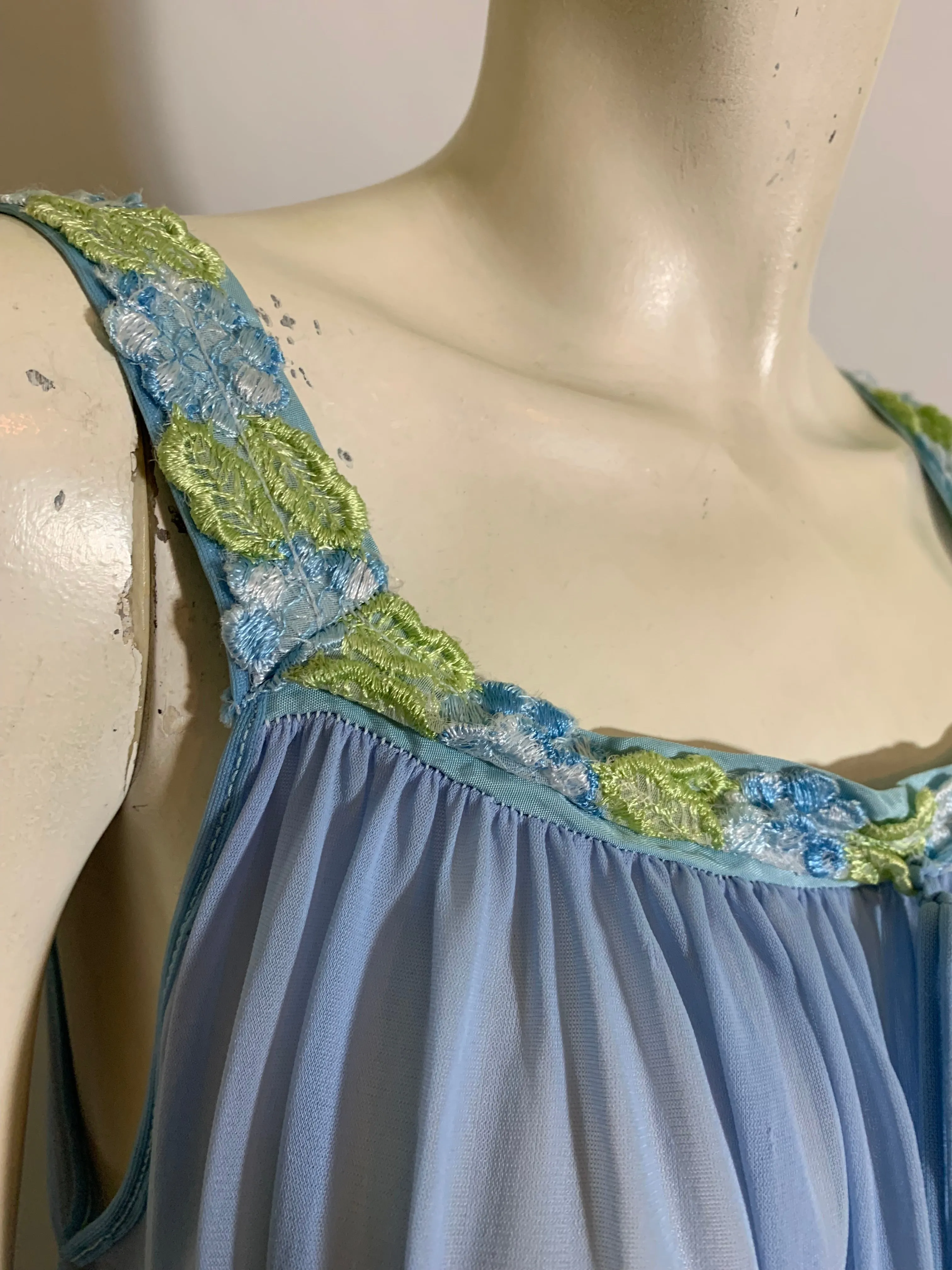 Cornflower Blue Embroidered Floral Ribbon Trimmed Sheer Nylon Nightgown circa 1960s