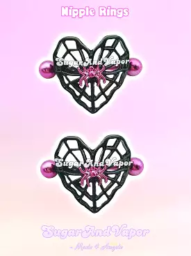 Dark Princess Spider Heart Web Nipple Rings Set