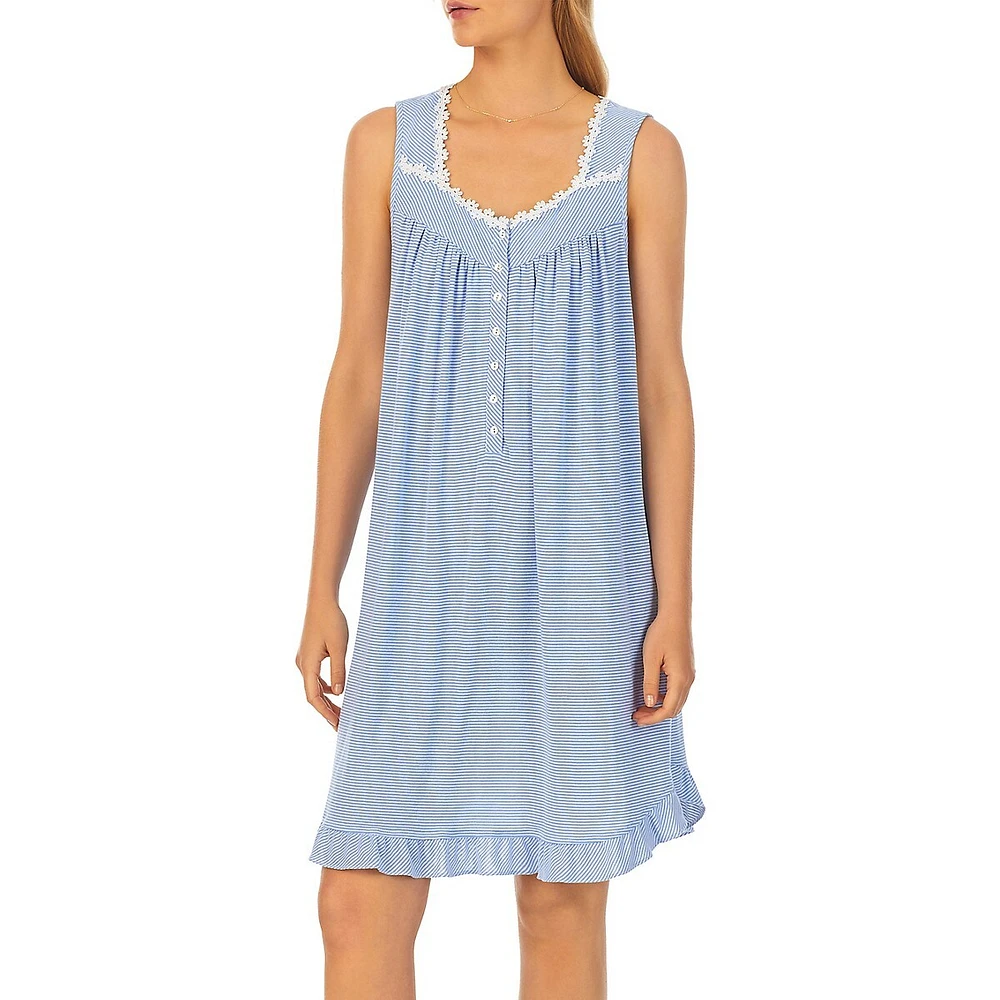 Eileen West Daisy-Chain Lace & Striped Nightgown