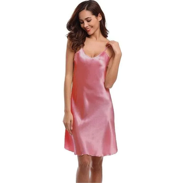 Female Satin Nightgown Lady Sexy Spaghetti Strap Night Dress