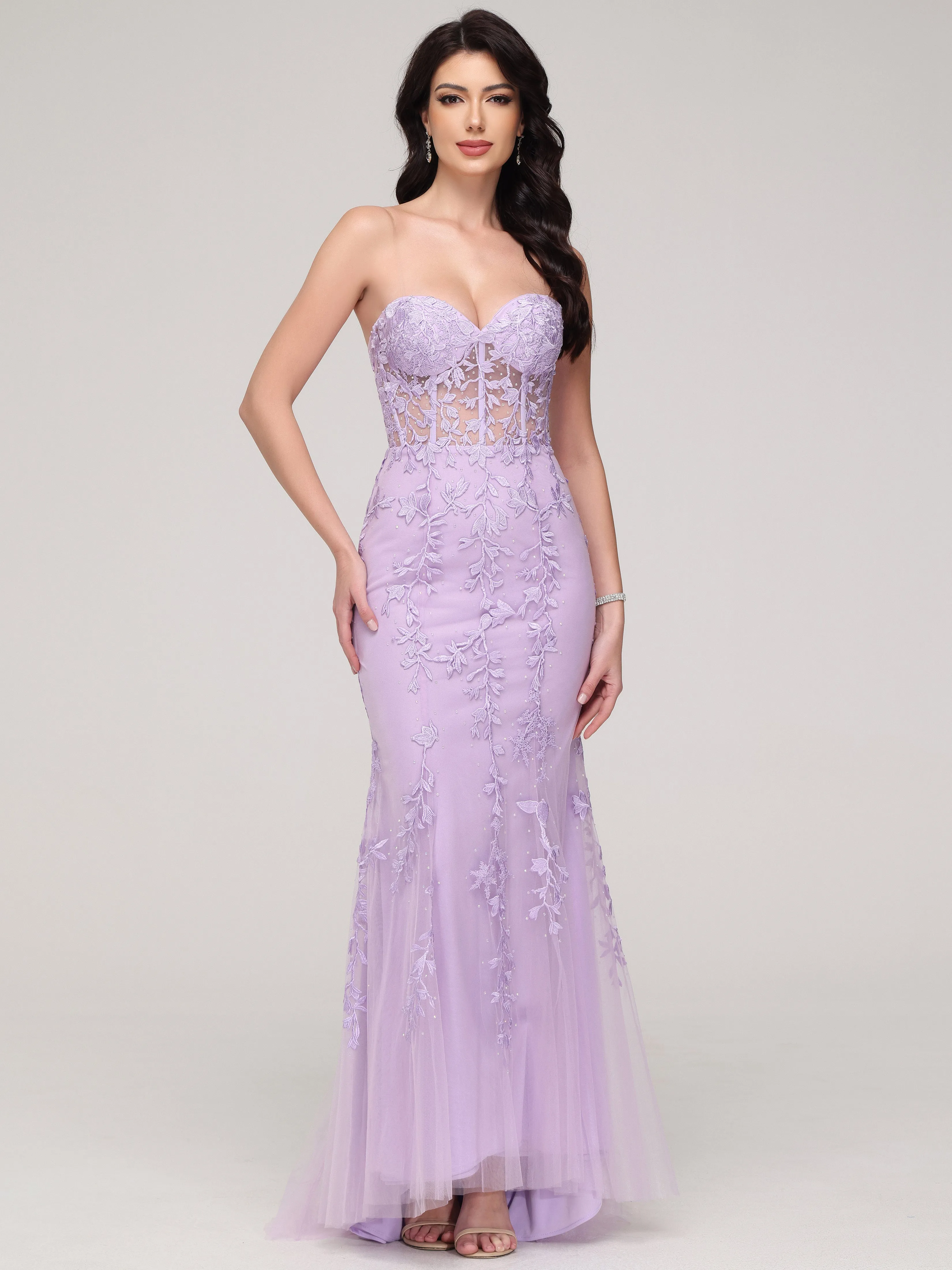 Forme sirène Cache cœur Strass Tulle Dentelle Robe de Soirée avec traîne