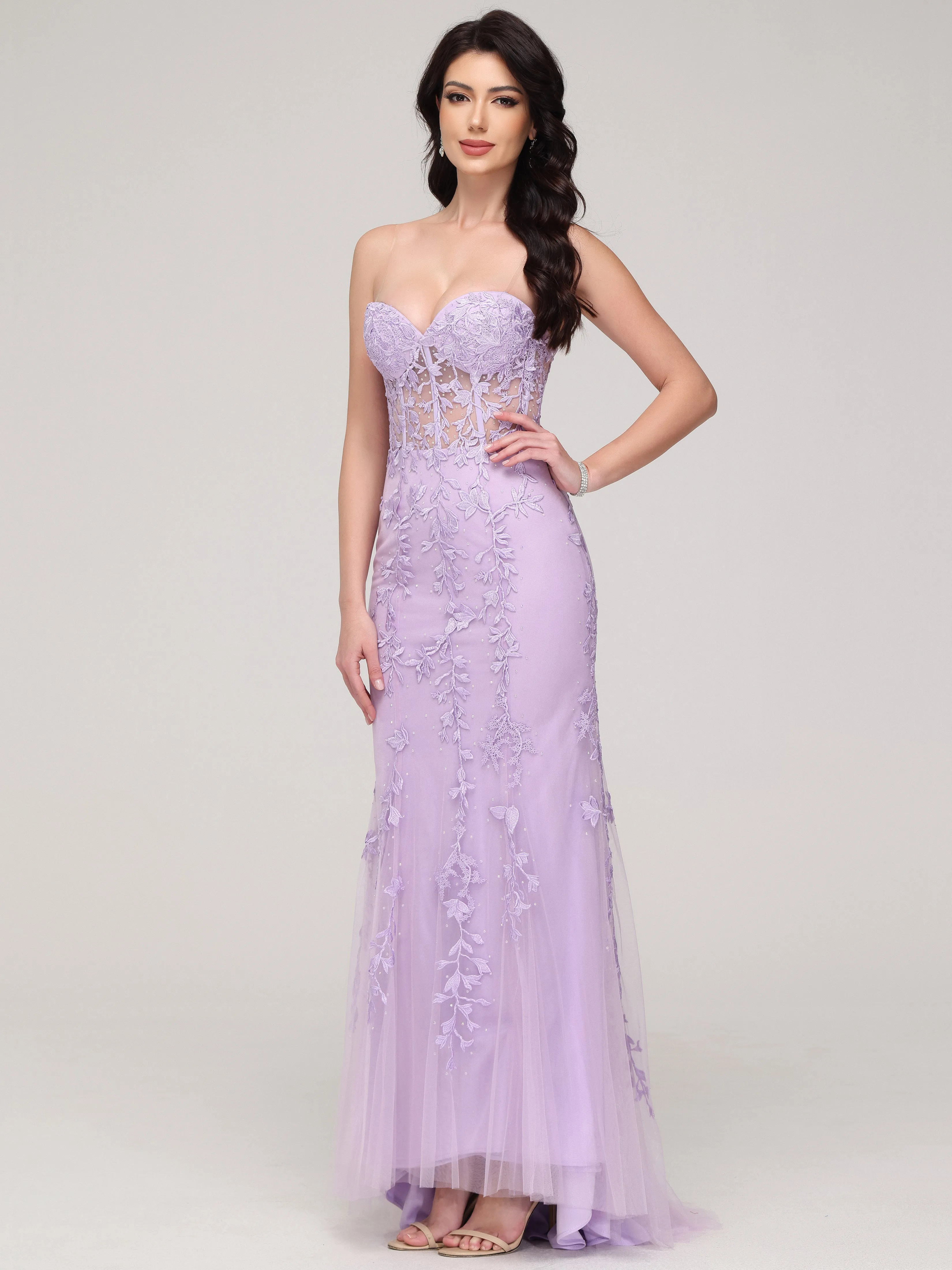 Forme sirène Cache cœur Strass Tulle Dentelle Robe de Soirée avec traîne