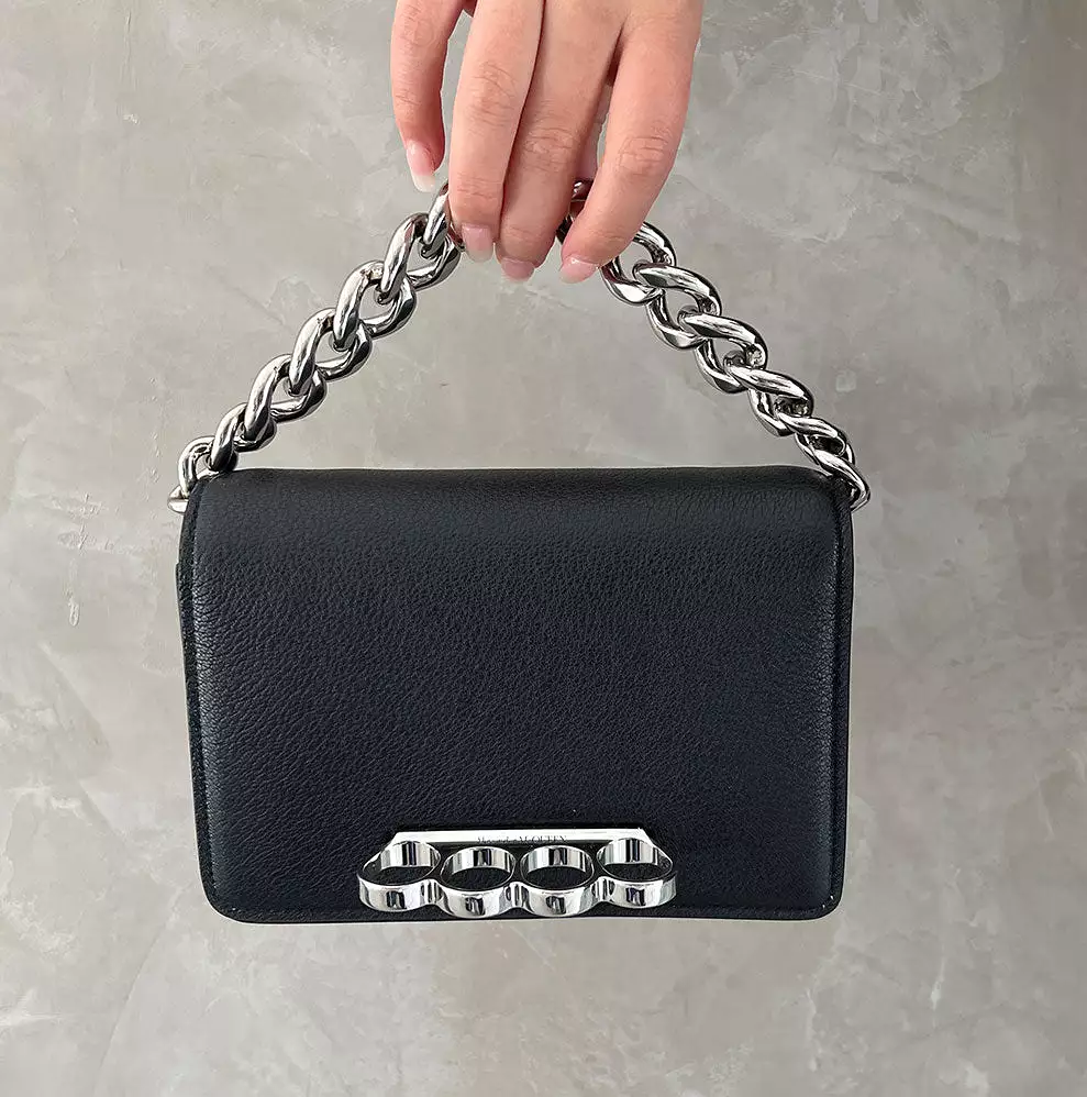 Four Ring Mini Chain Satchel Grained, Black (S)