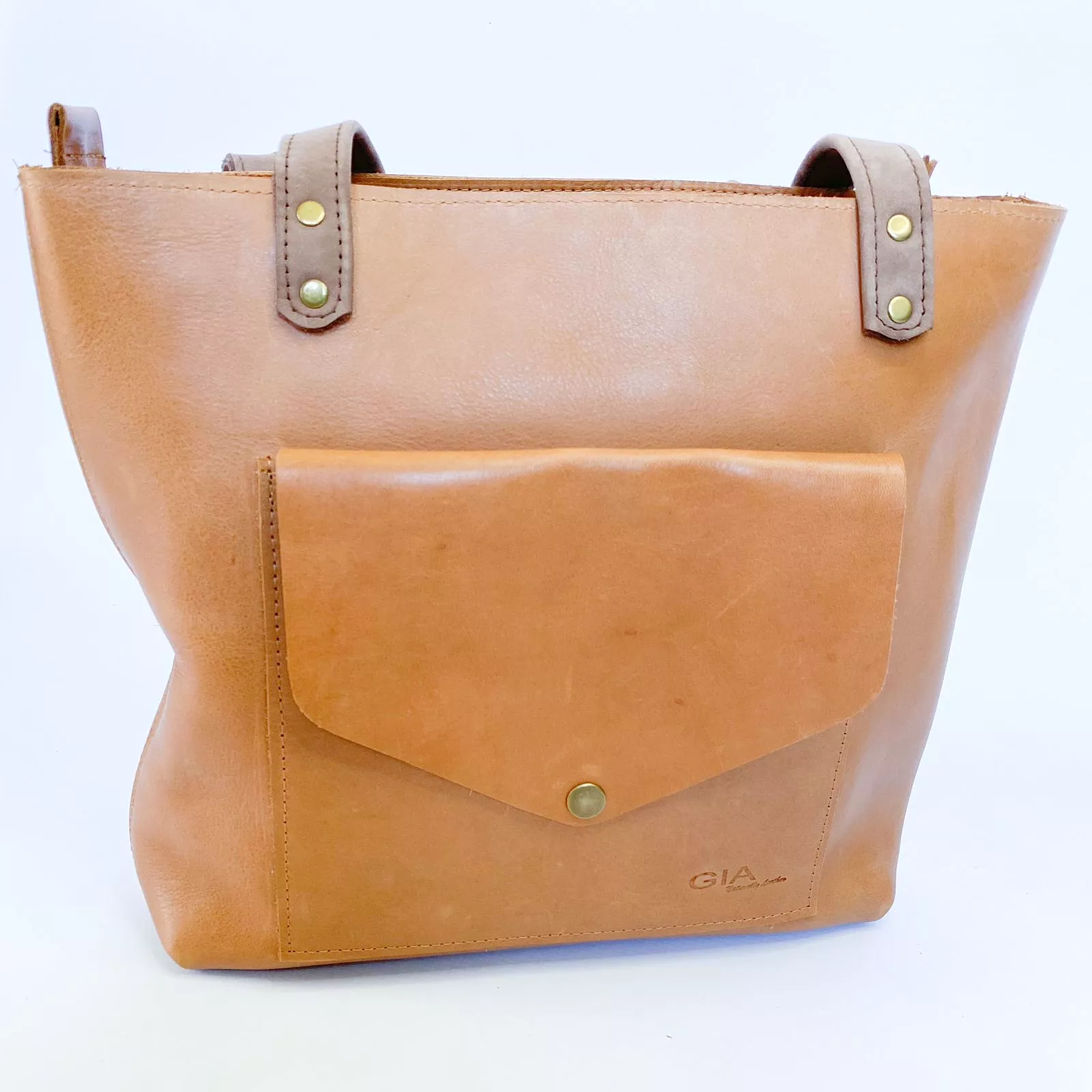 Gia leather tan tote with front pocket