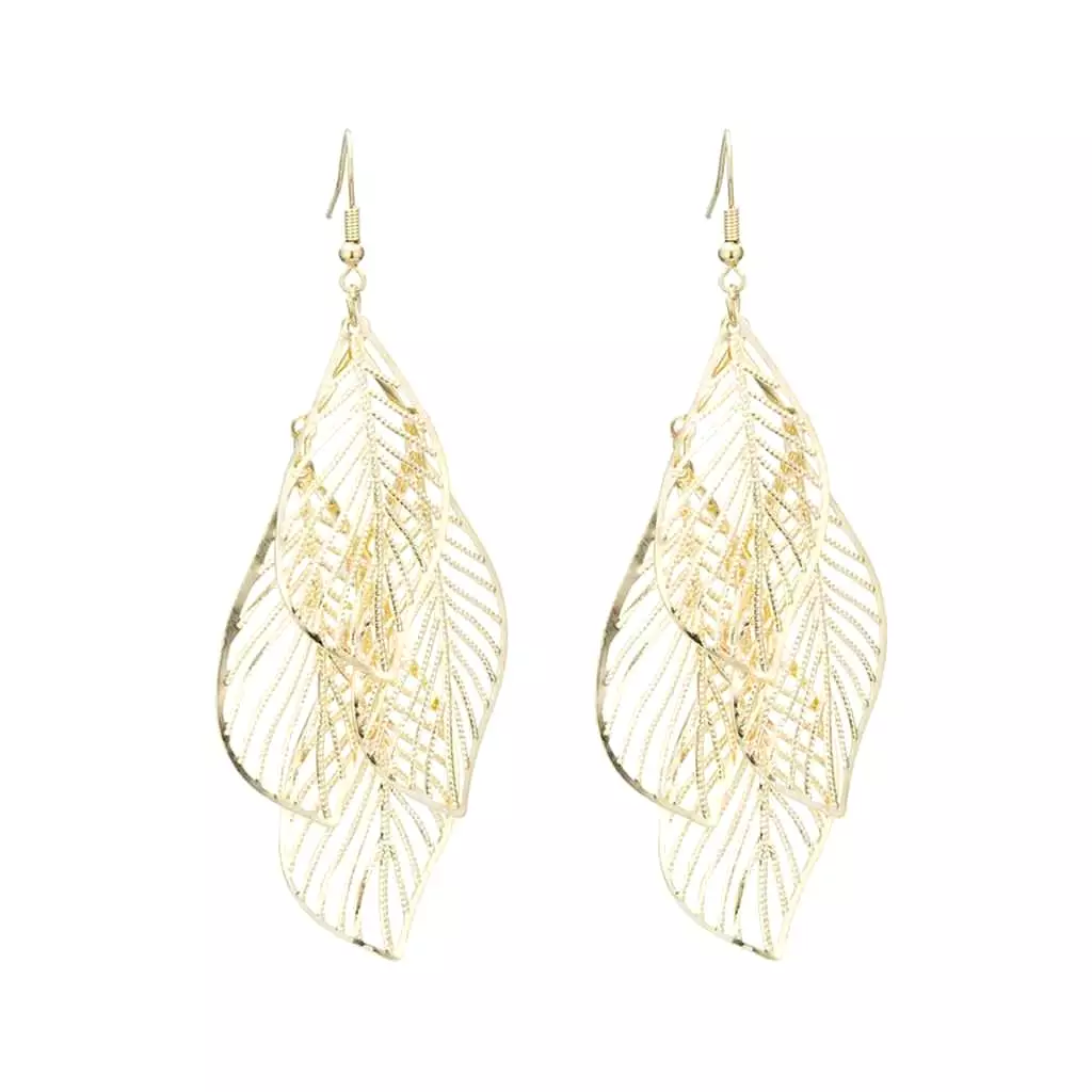 Gold Cut Out Leaf Long Dangle Earrings