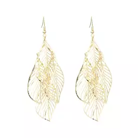 Gold Cut Out Leaf Long Dangle Earrings