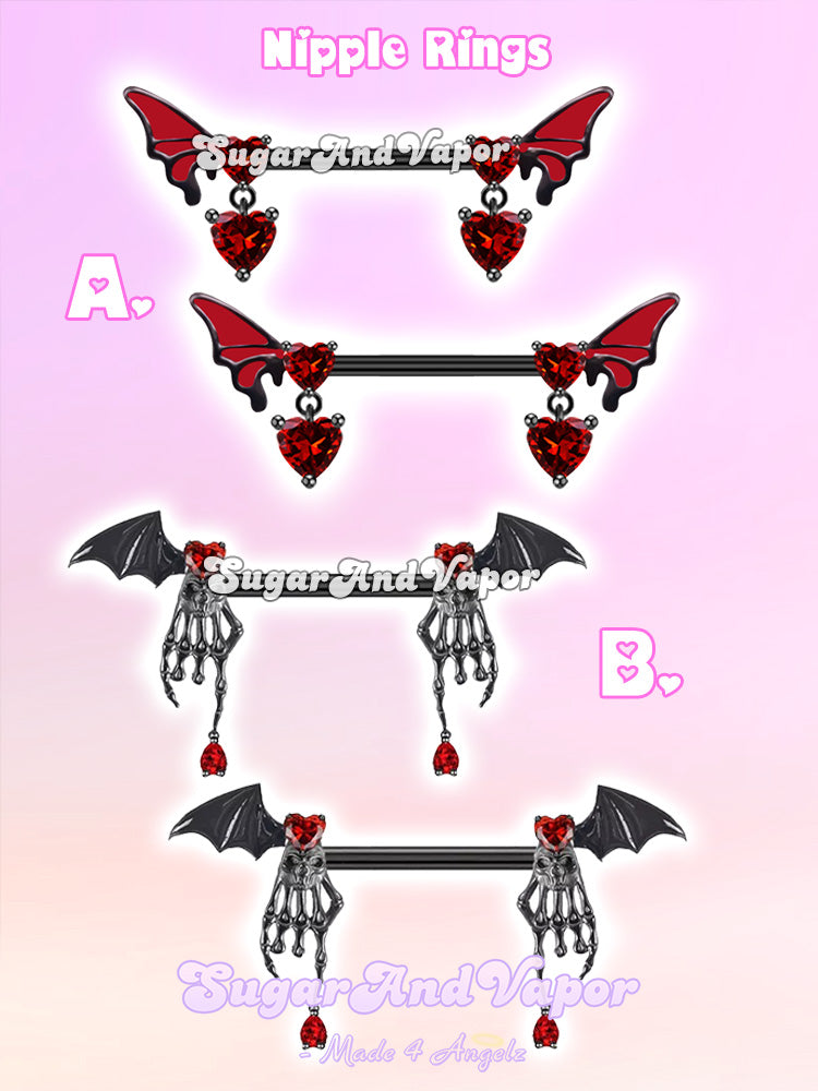 Goth Red Heart Nipple Rings Set