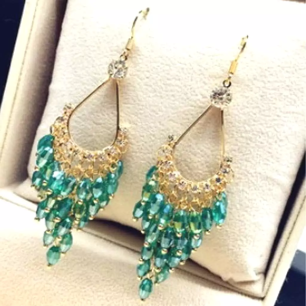 Green Crystal and Gold Chandelier Dangle Earrings