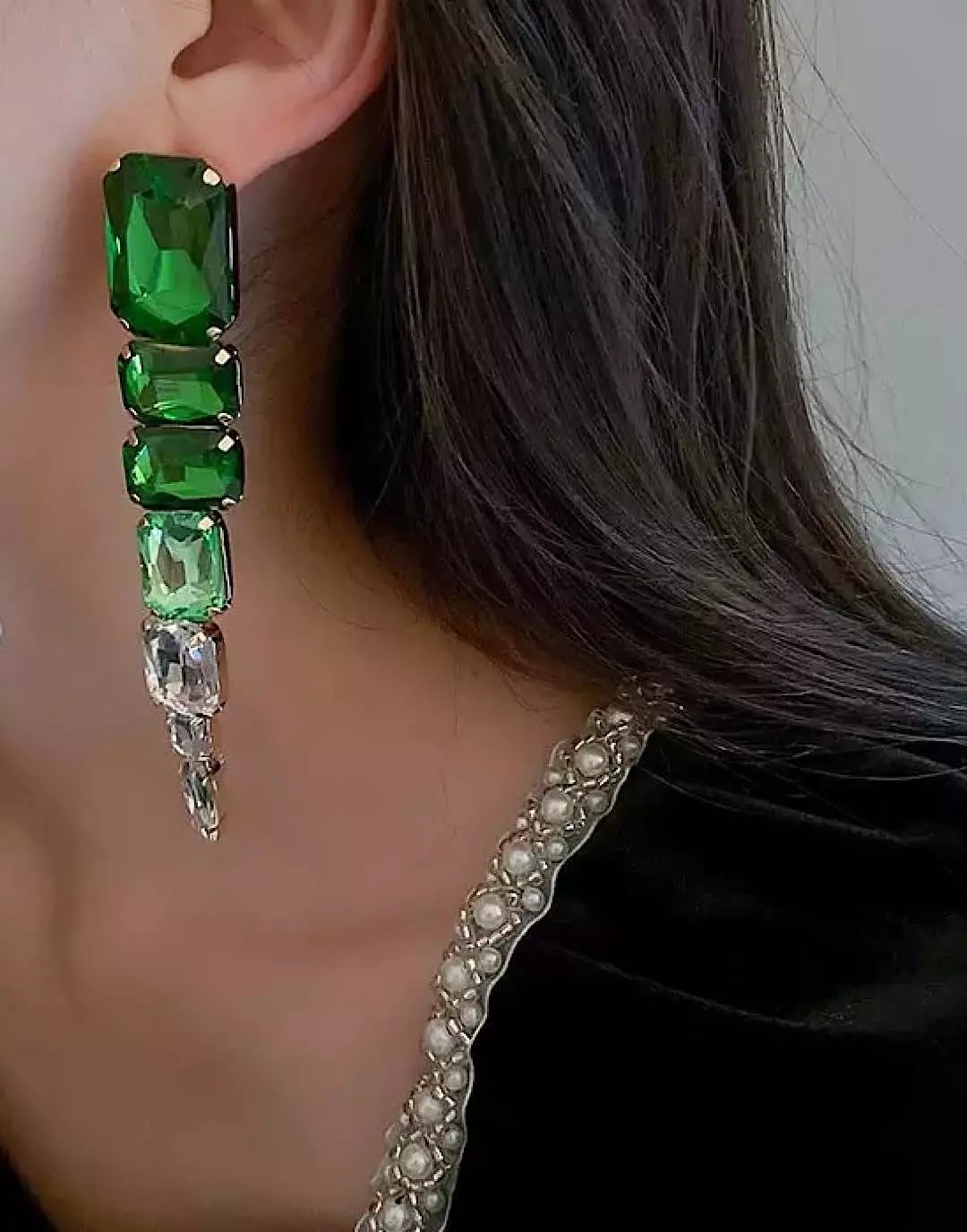 Green Long Crystal Dangle Earrings