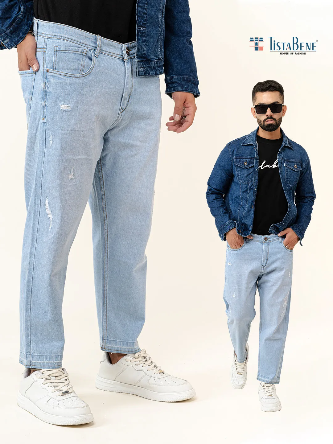 Ice Blue Ripped Cropped Slim Fit Mens Jeans