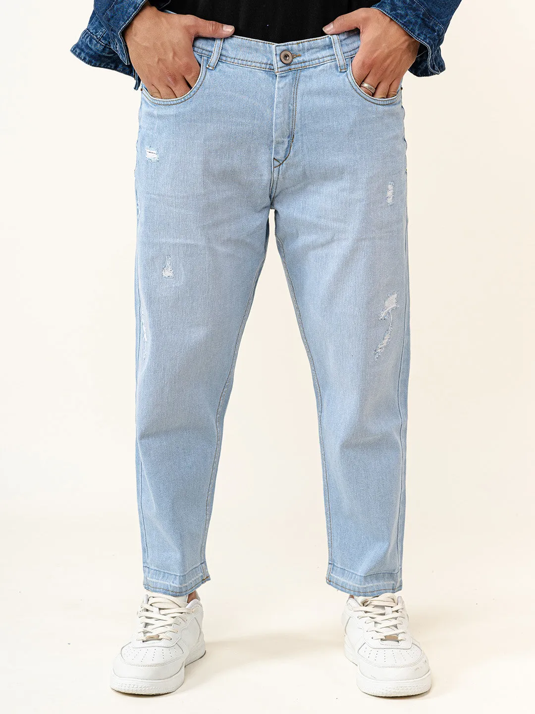 Ice Blue Ripped Cropped Slim Fit Mens Jeans