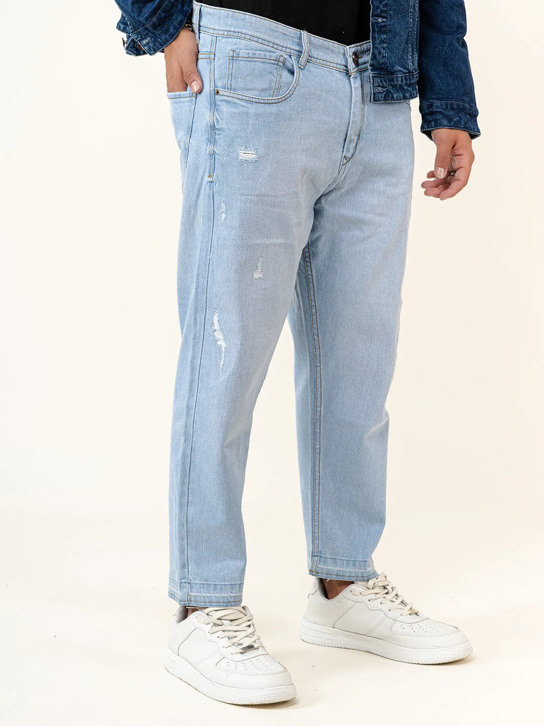 Ice Blue Ripped Cropped Slim Fit Mens Jeans