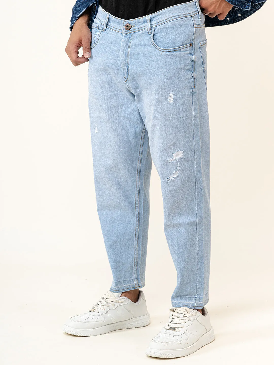 Ice Blue Ripped Cropped Slim Fit Mens Jeans