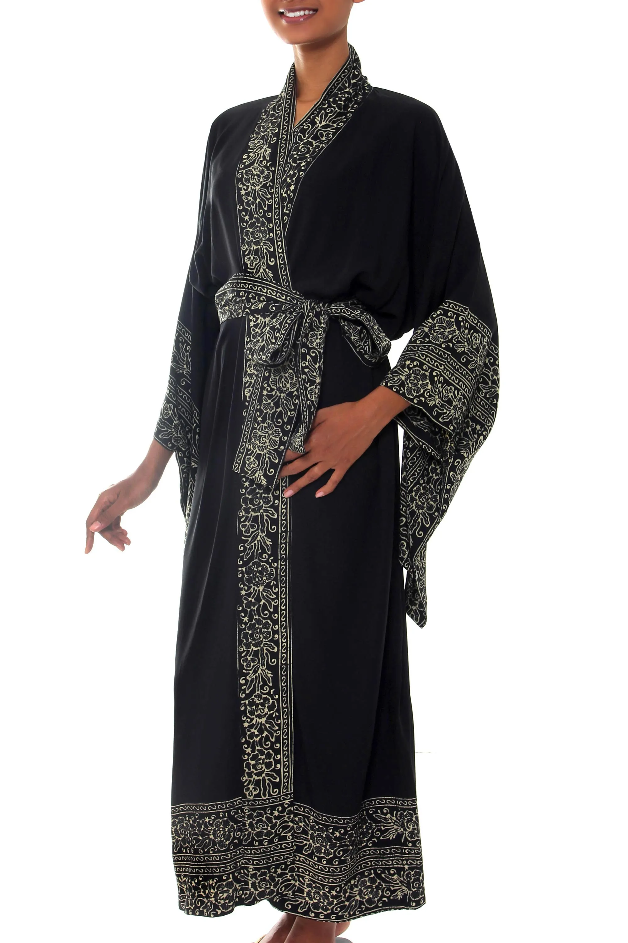 Indonesian Floral Patterned Black and Ivory Robe, 