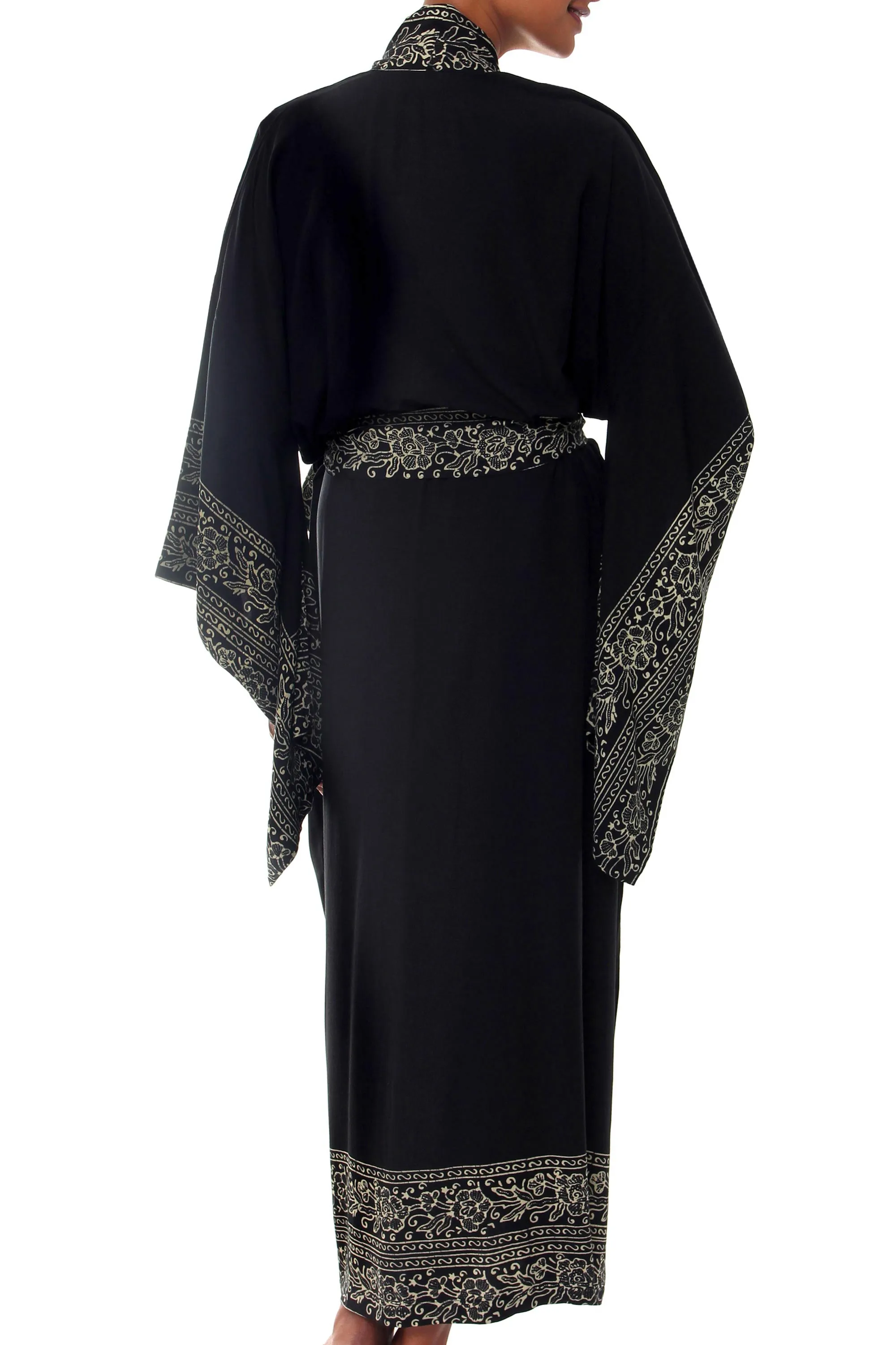 Indonesian Floral Patterned Black and Ivory Robe, 