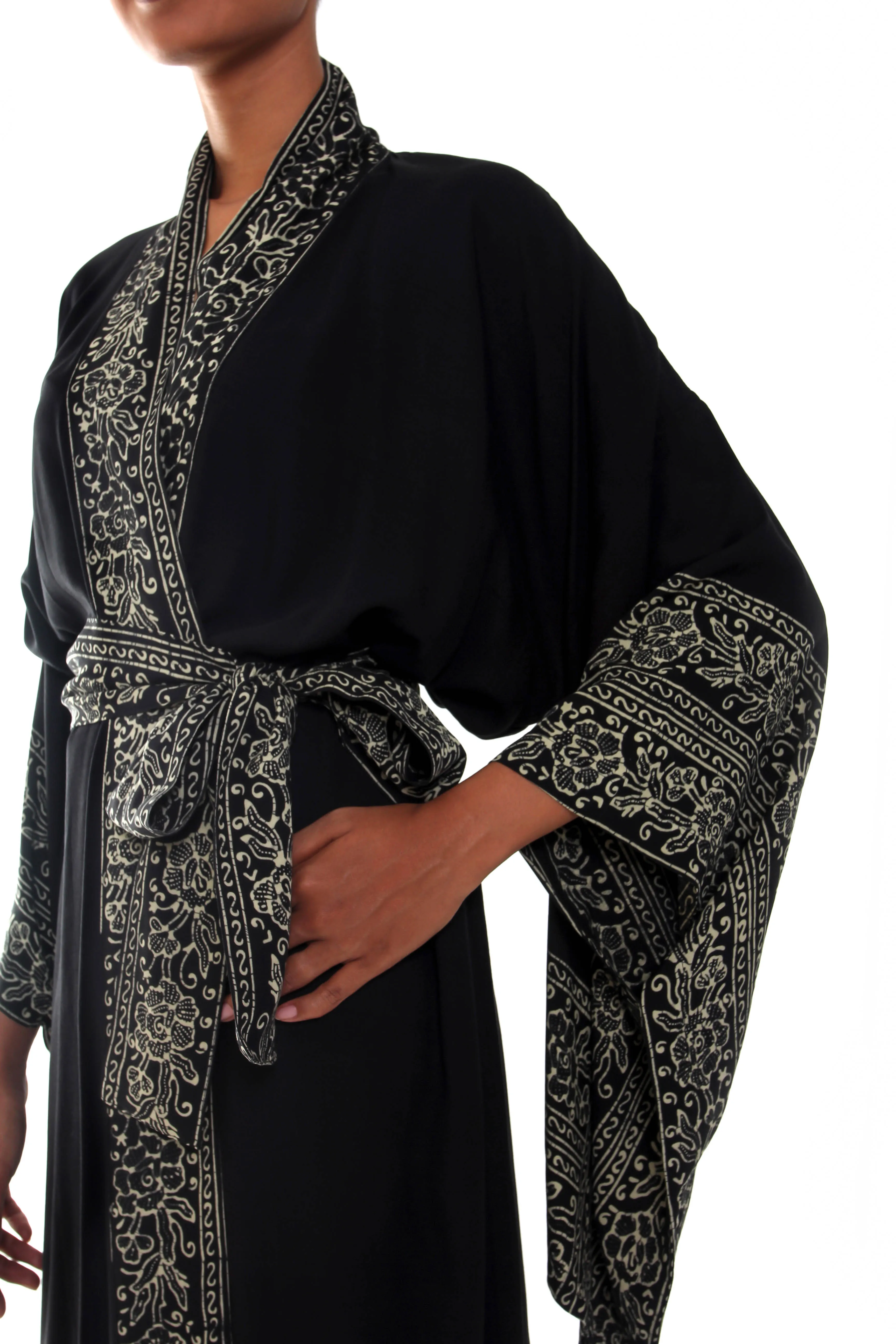 Indonesian Floral Patterned Black and Ivory Robe, 