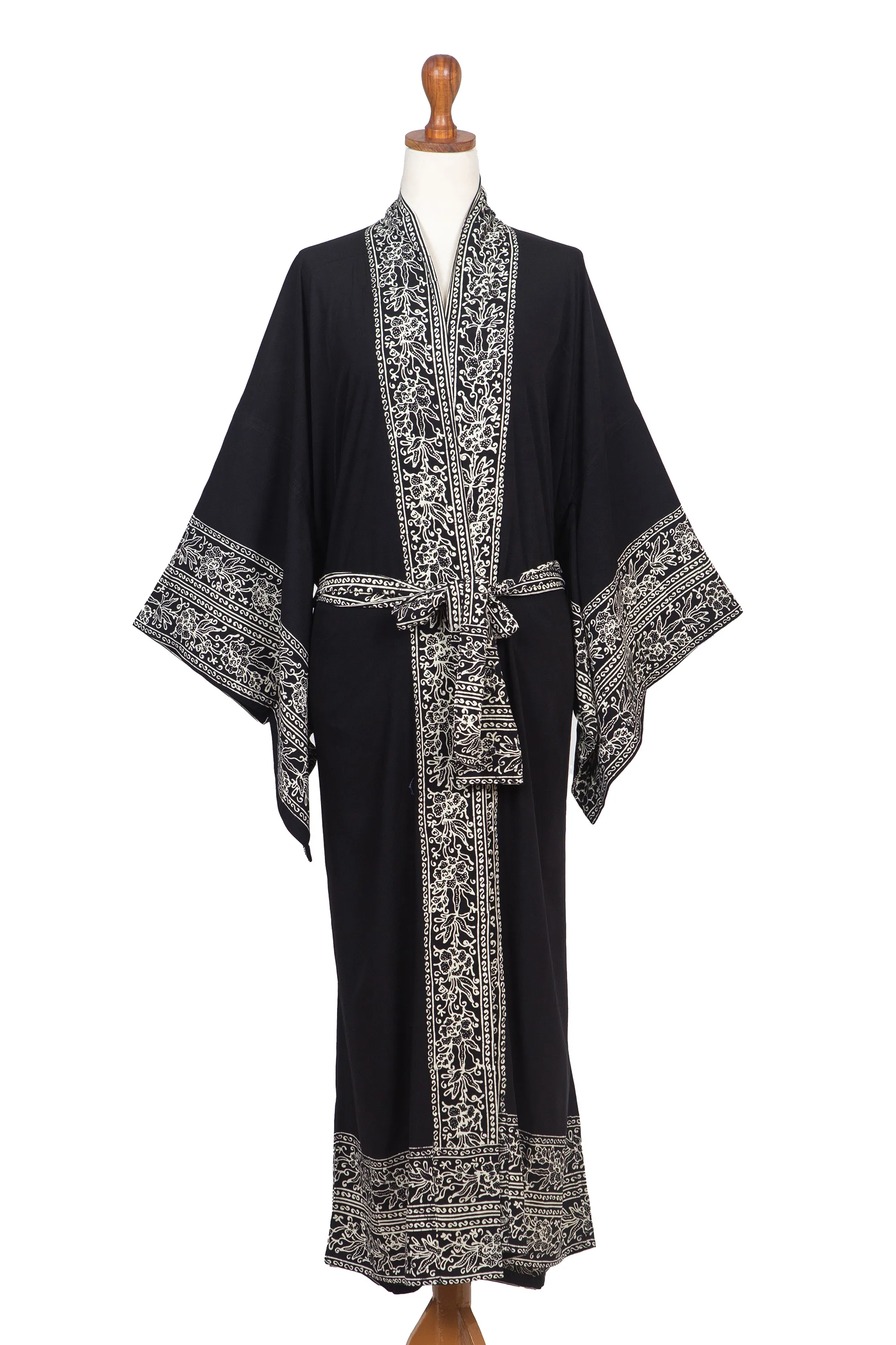 Indonesian Floral Patterned Black and Ivory Robe, 