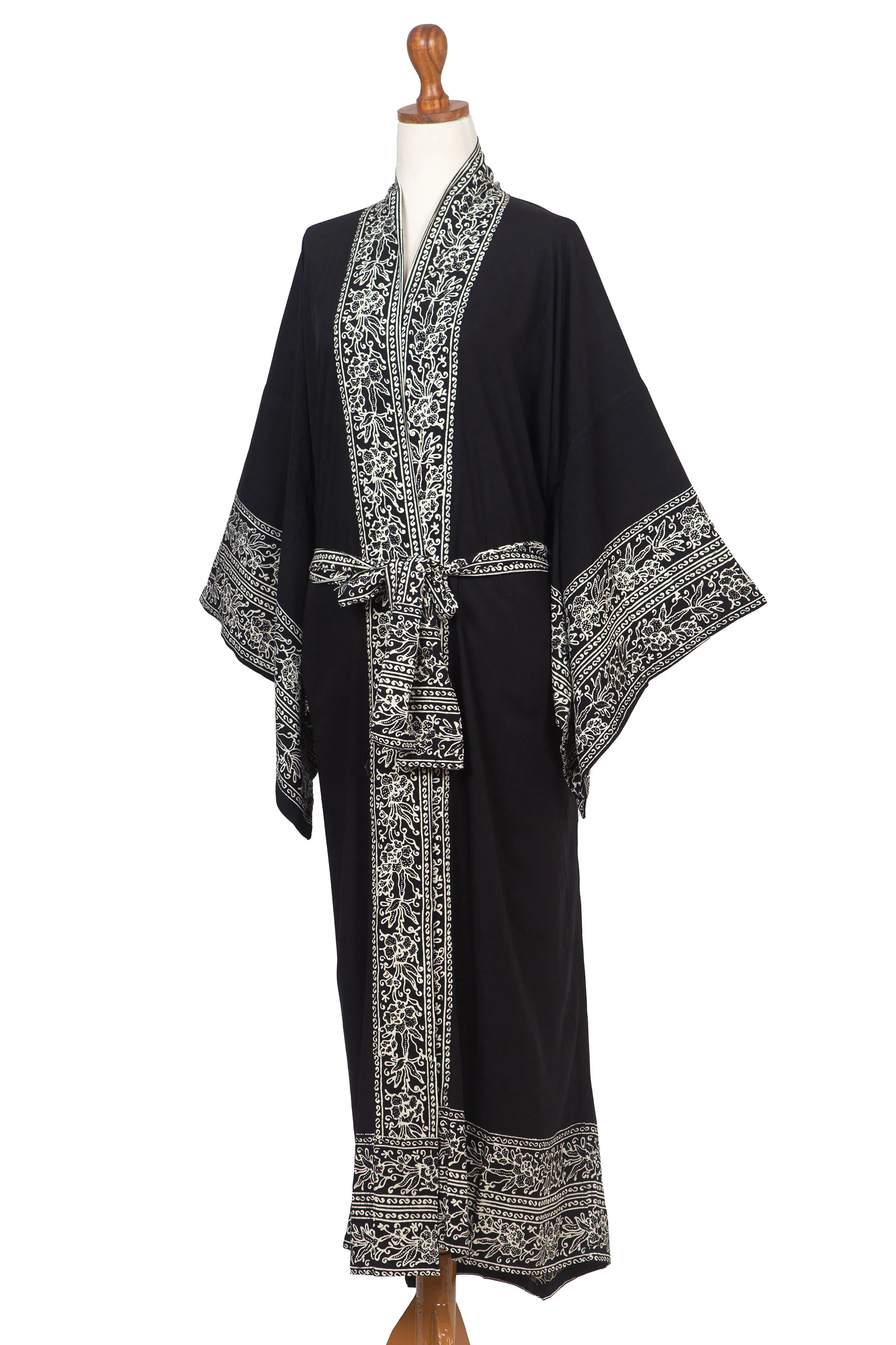 Indonesian Floral Patterned Black and Ivory Robe, 