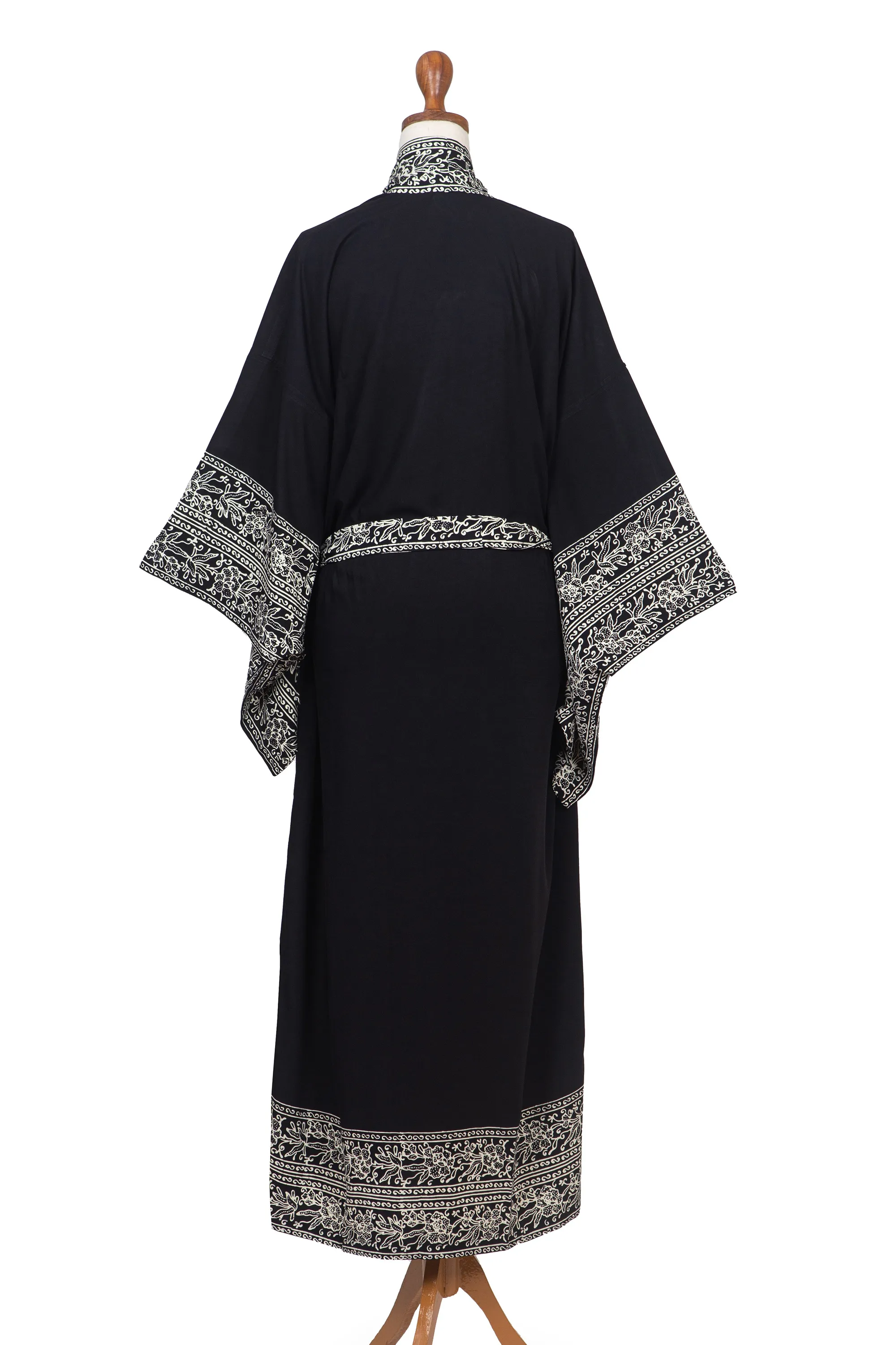 Indonesian Floral Patterned Black and Ivory Robe, 