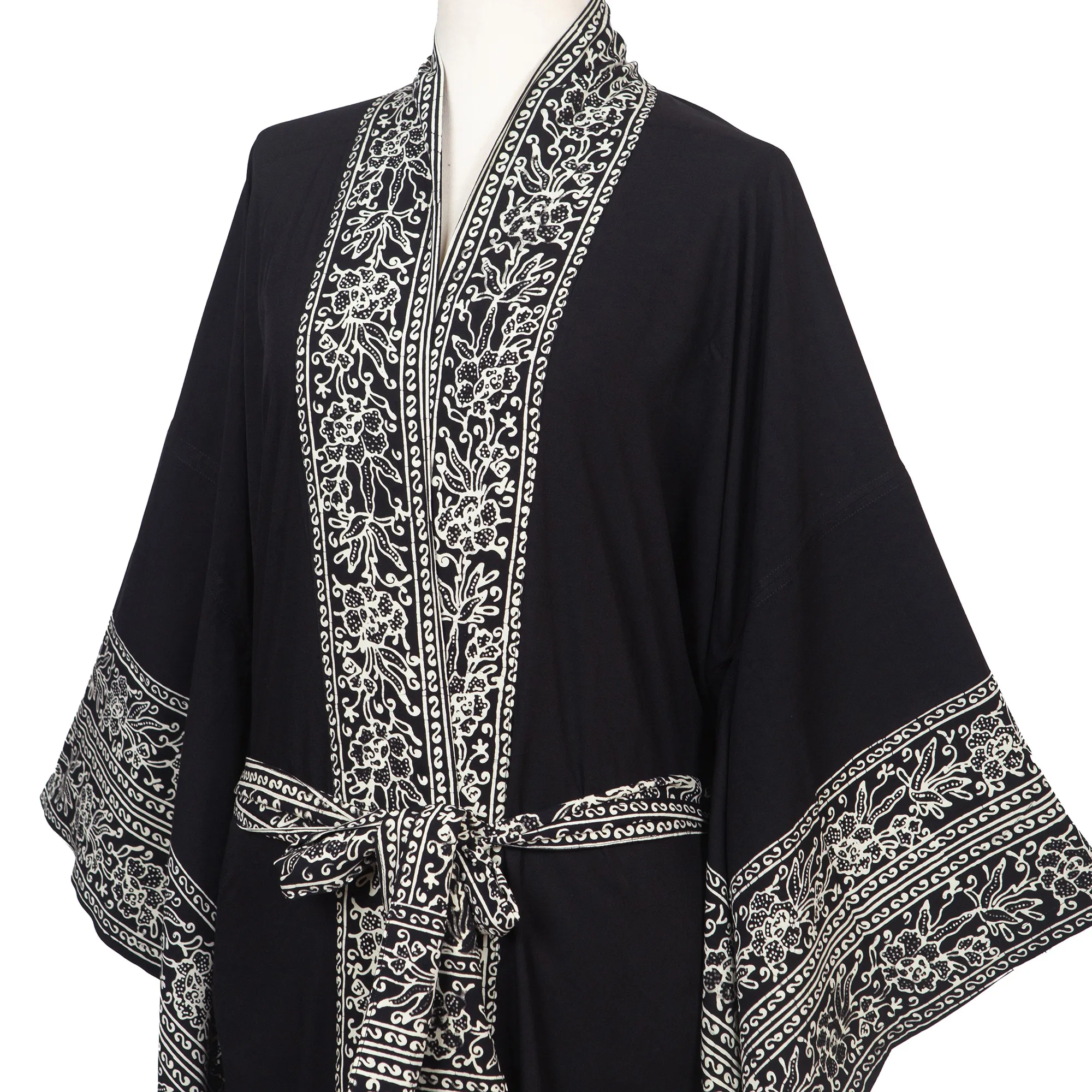 Indonesian Floral Patterned Black and Ivory Robe, 