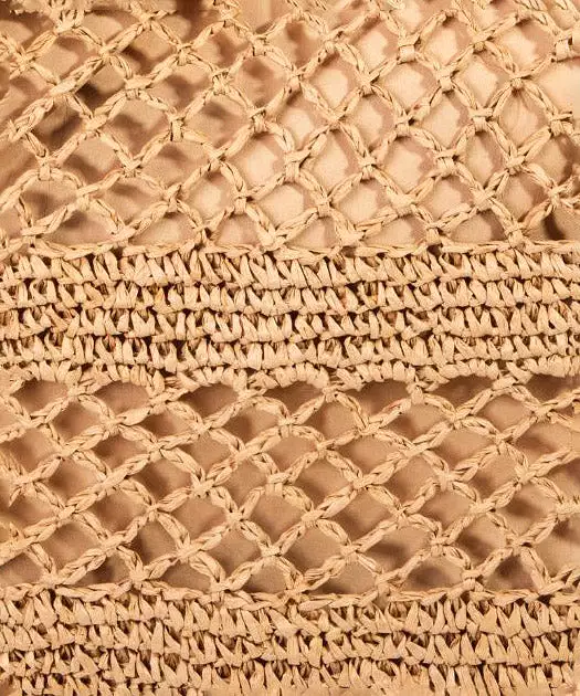 Intricate Straw Handle Tote Bag - Khaki