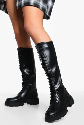 Lace Up Chunky Knee High Boots