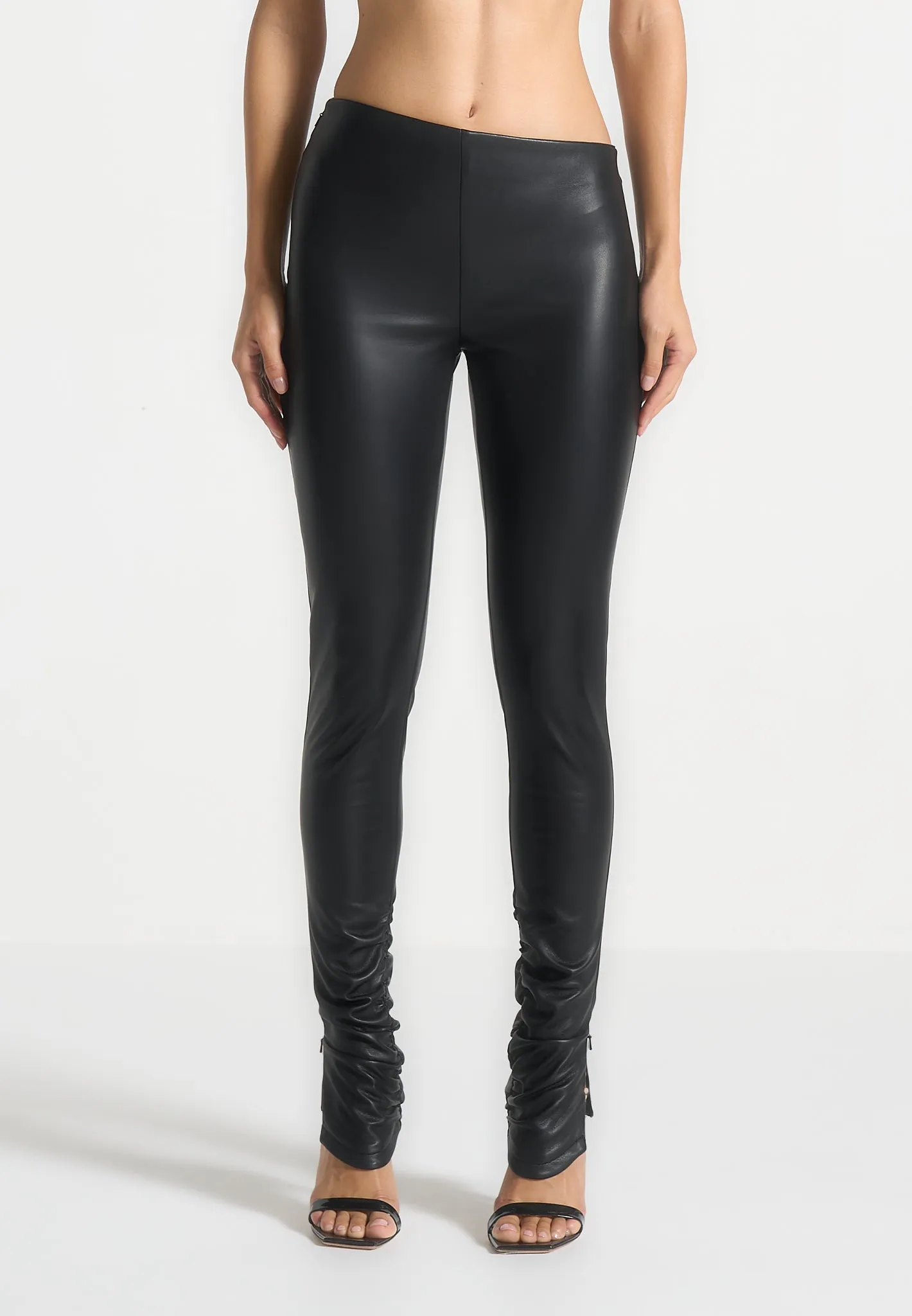 Leather Angled Waistband Leggings - Black