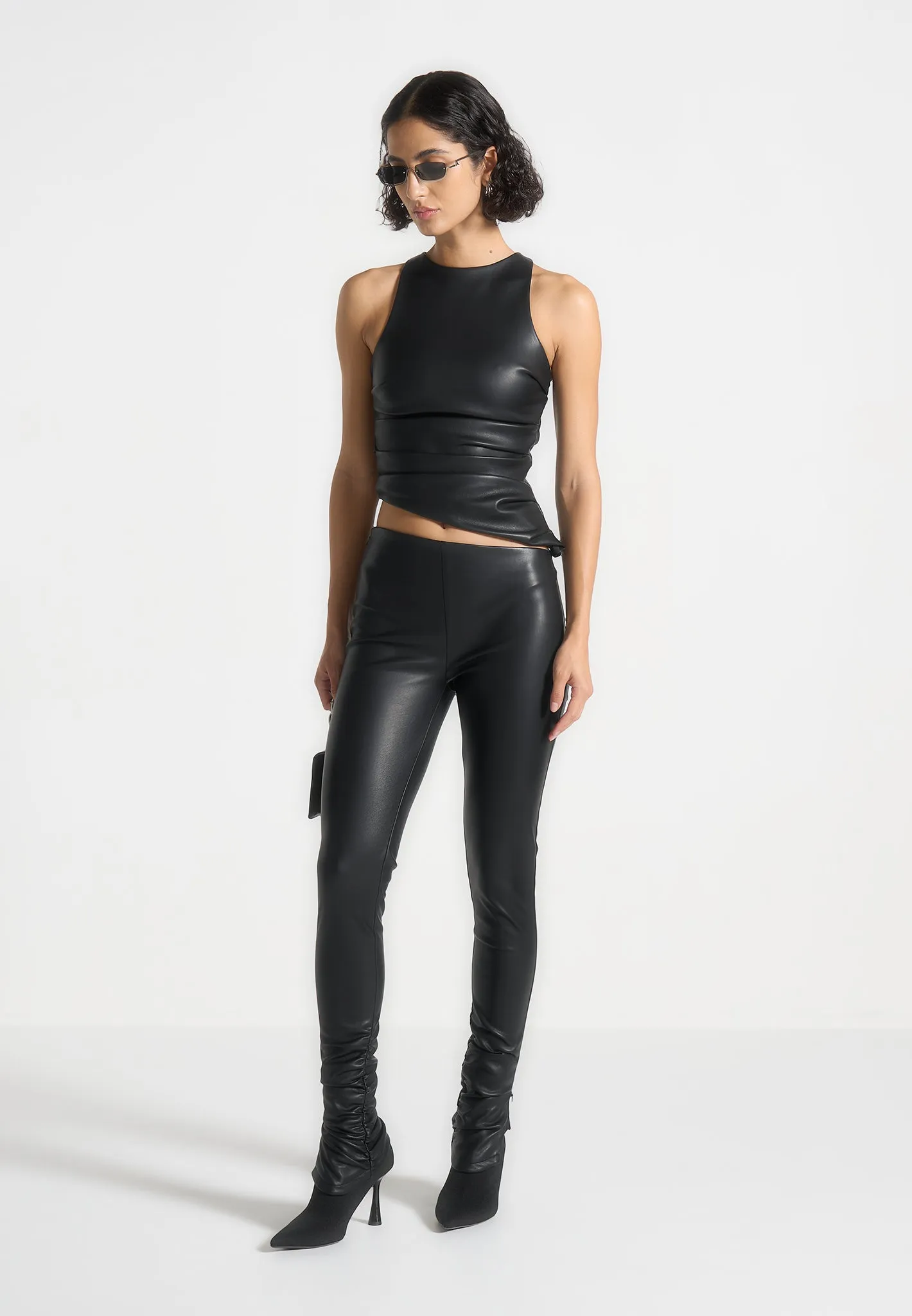 Leather Angled Waistband Leggings - Black