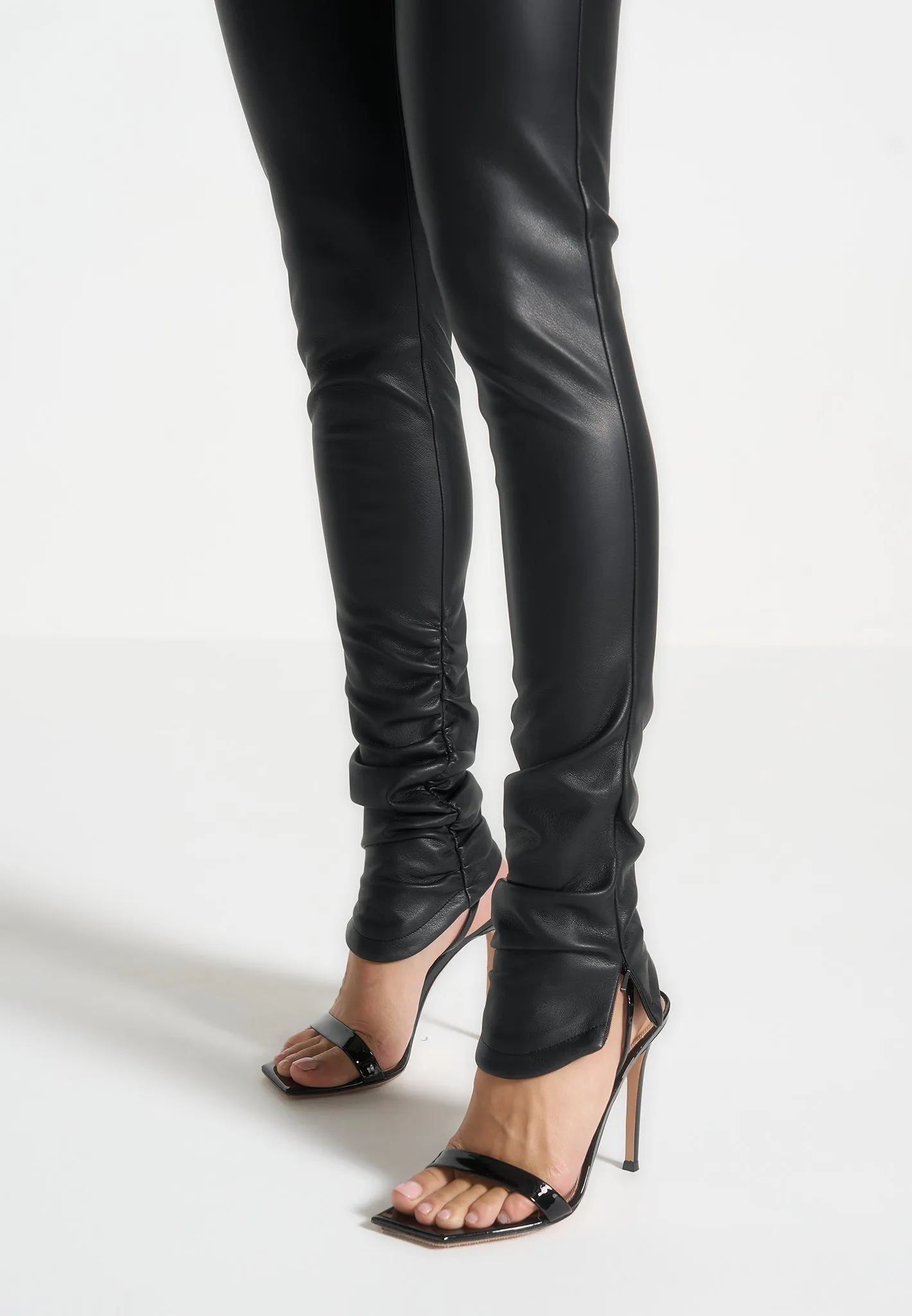 Leather Angled Waistband Leggings - Black