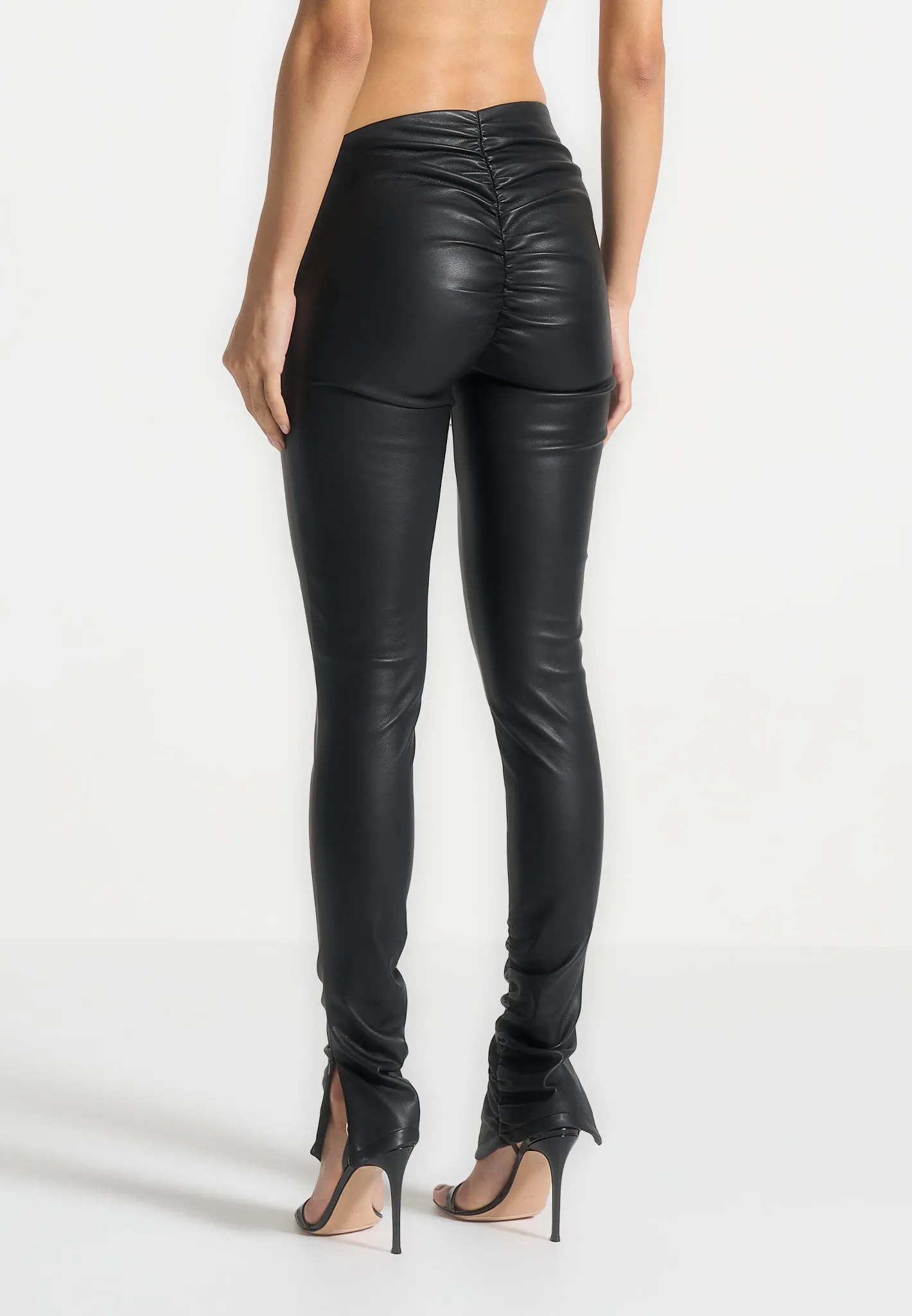 Leather Angled Waistband Leggings - Black