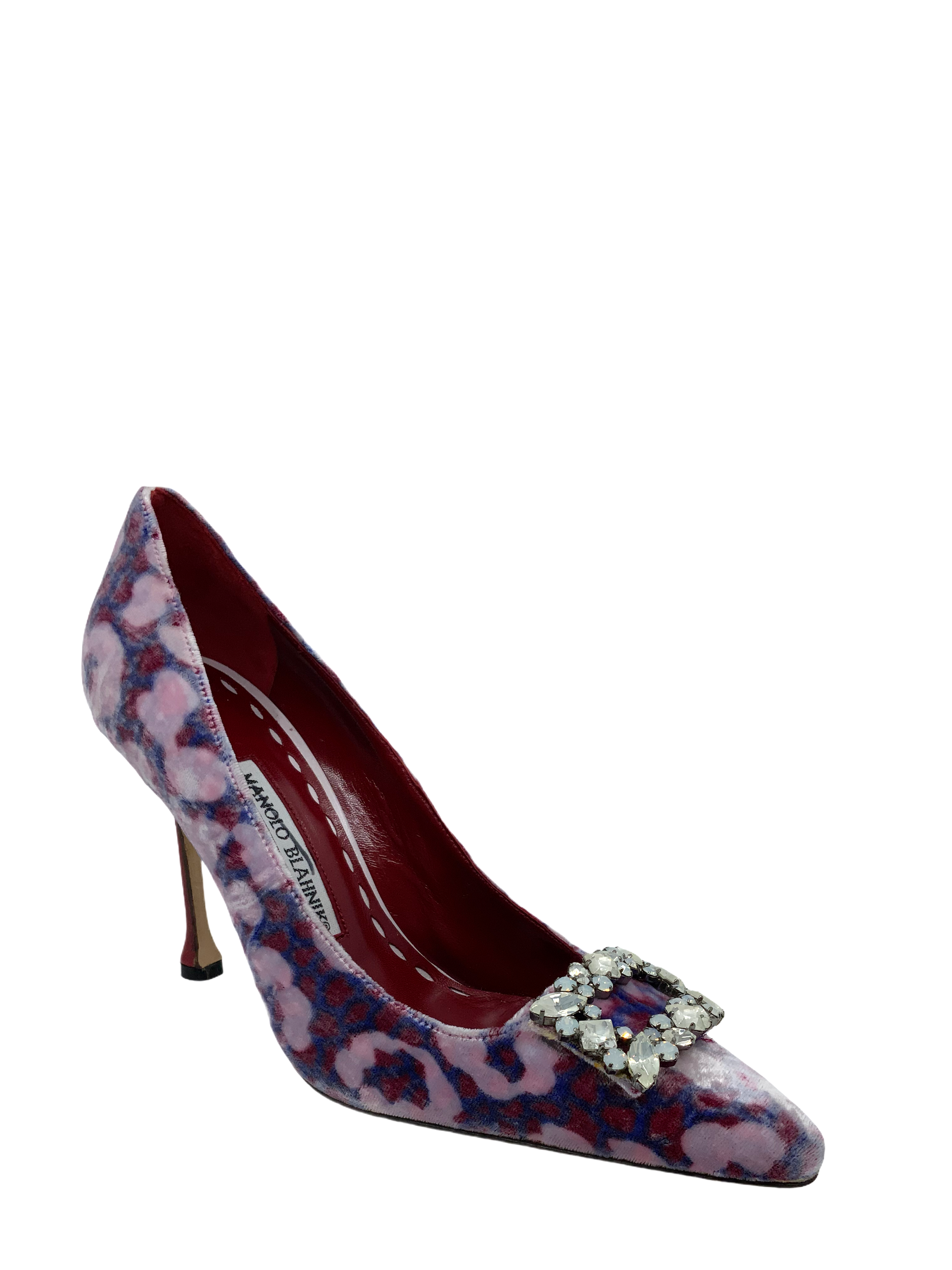 Manolo Blahnik Printed Velvet Crystal Encrusted Pumps Size 5.5