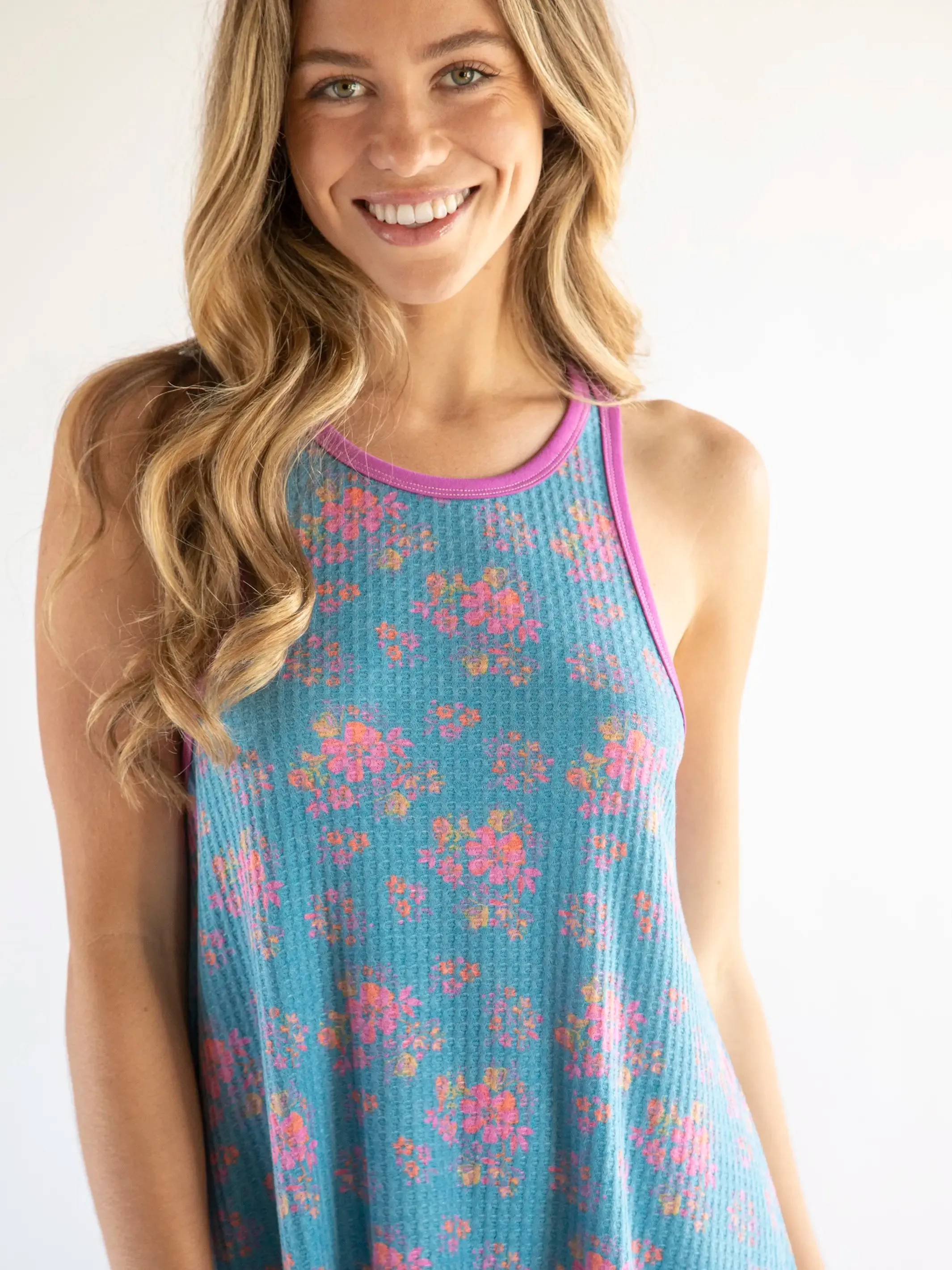 Mix & Match Waffle Nightgown - Turquoise Pink Mustard Floral