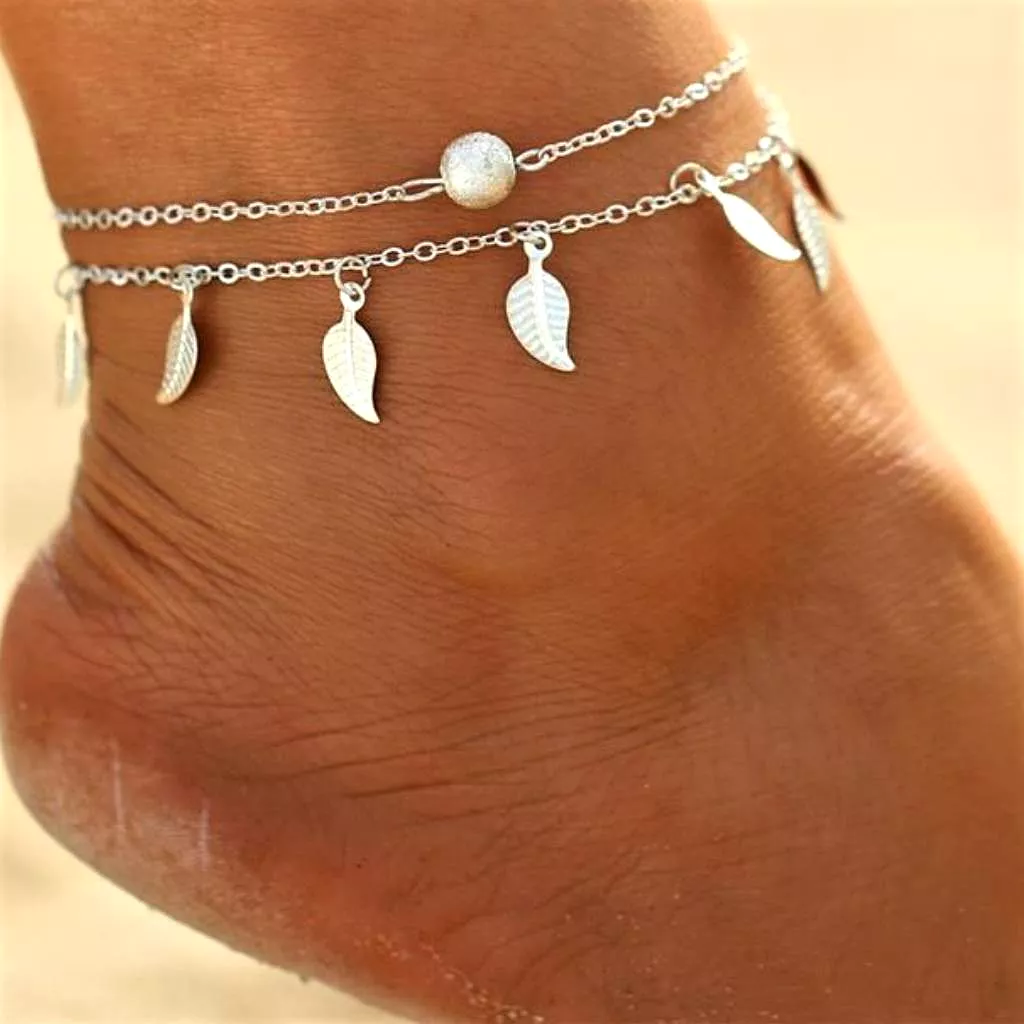 Multi Leaf Chain Anklet in Silver or Gold