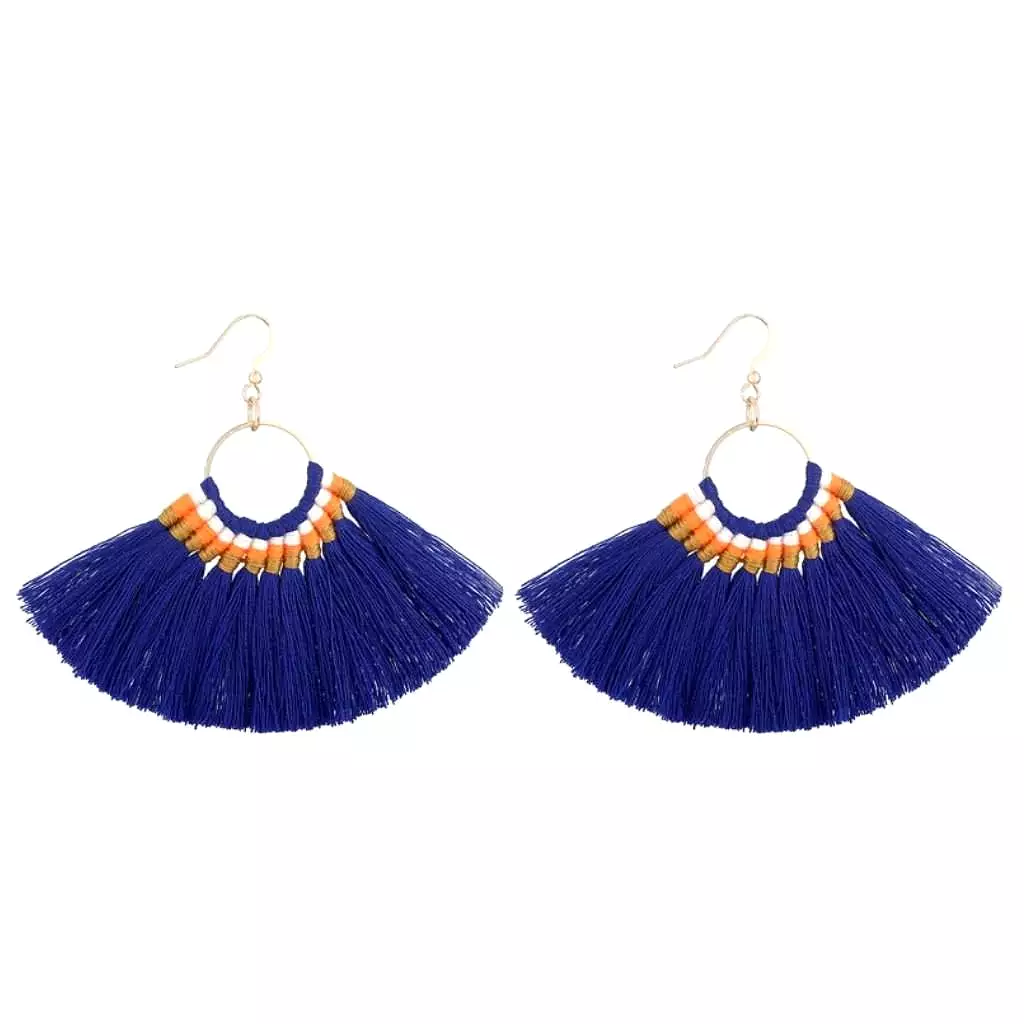 Navy Blue Tassel Fan Dangle Earrings